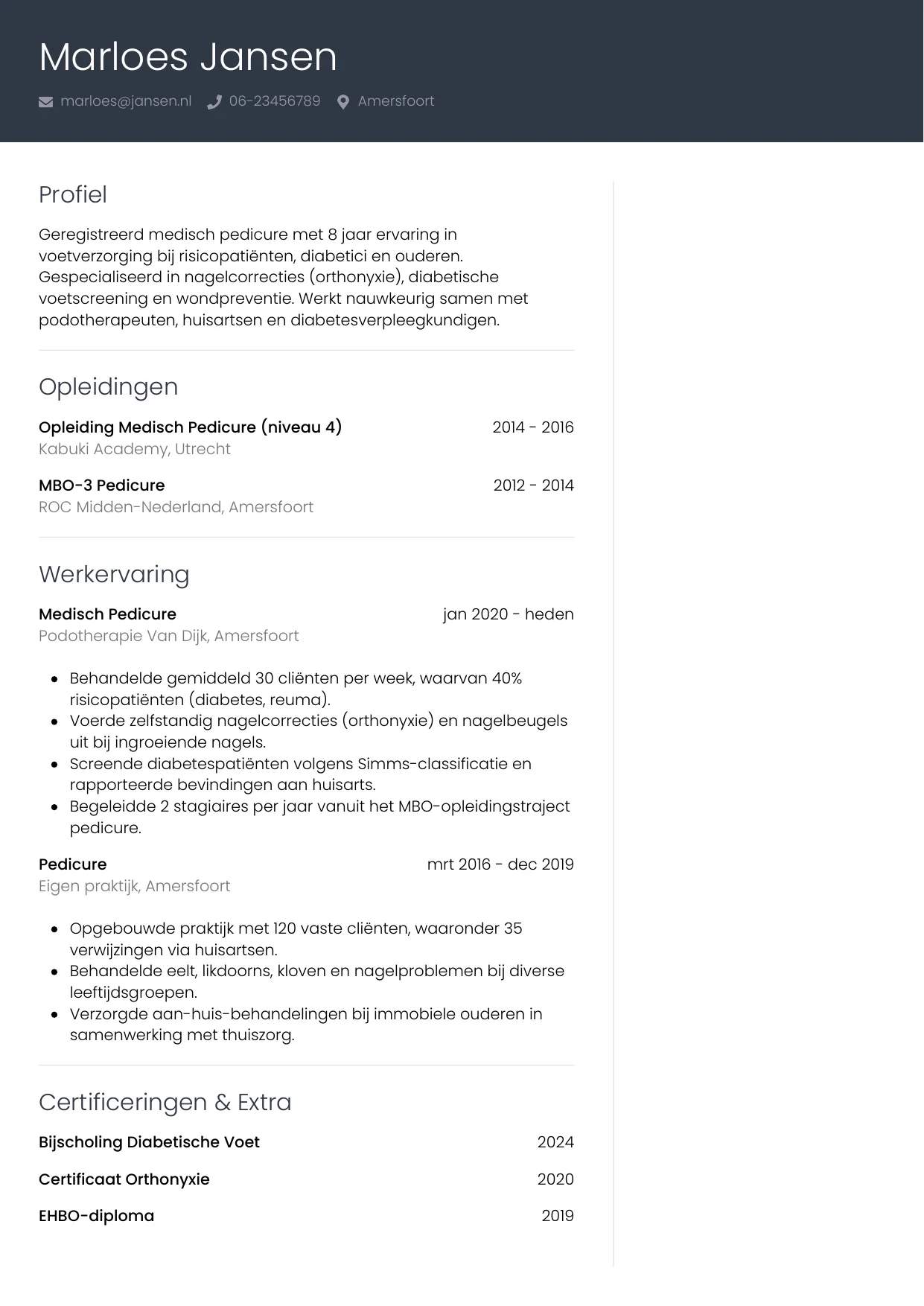 CV Professioneel voor pedicure