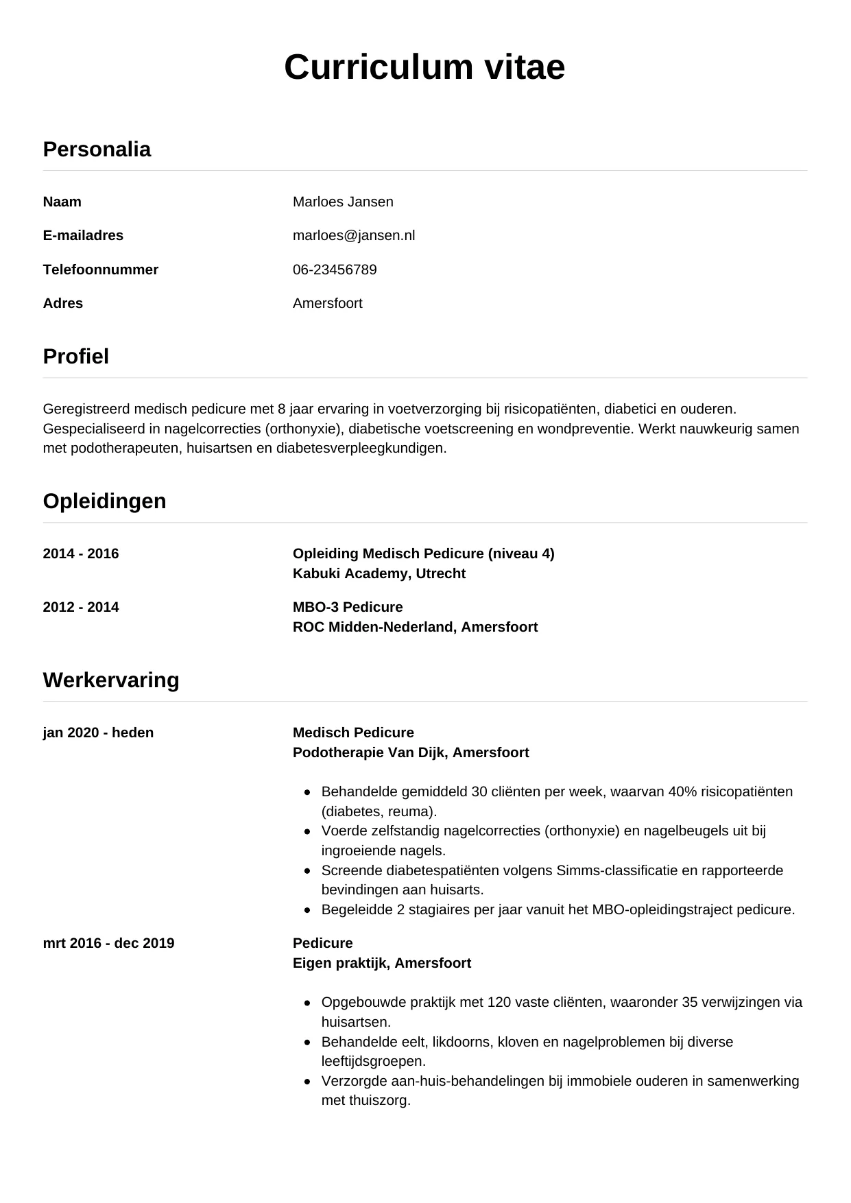 CV Simpel voor pedicure