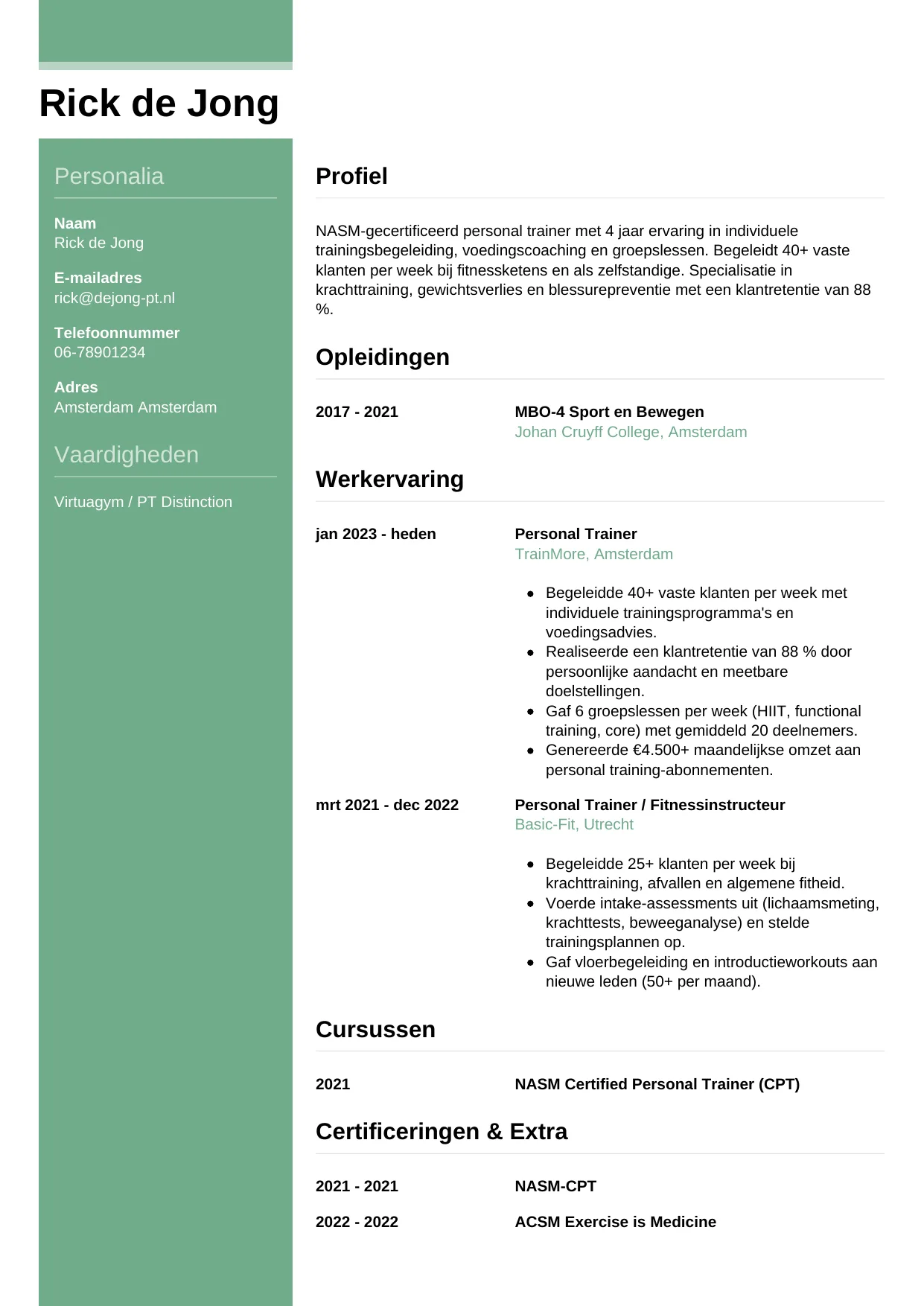 CV Casual voor personal trainer