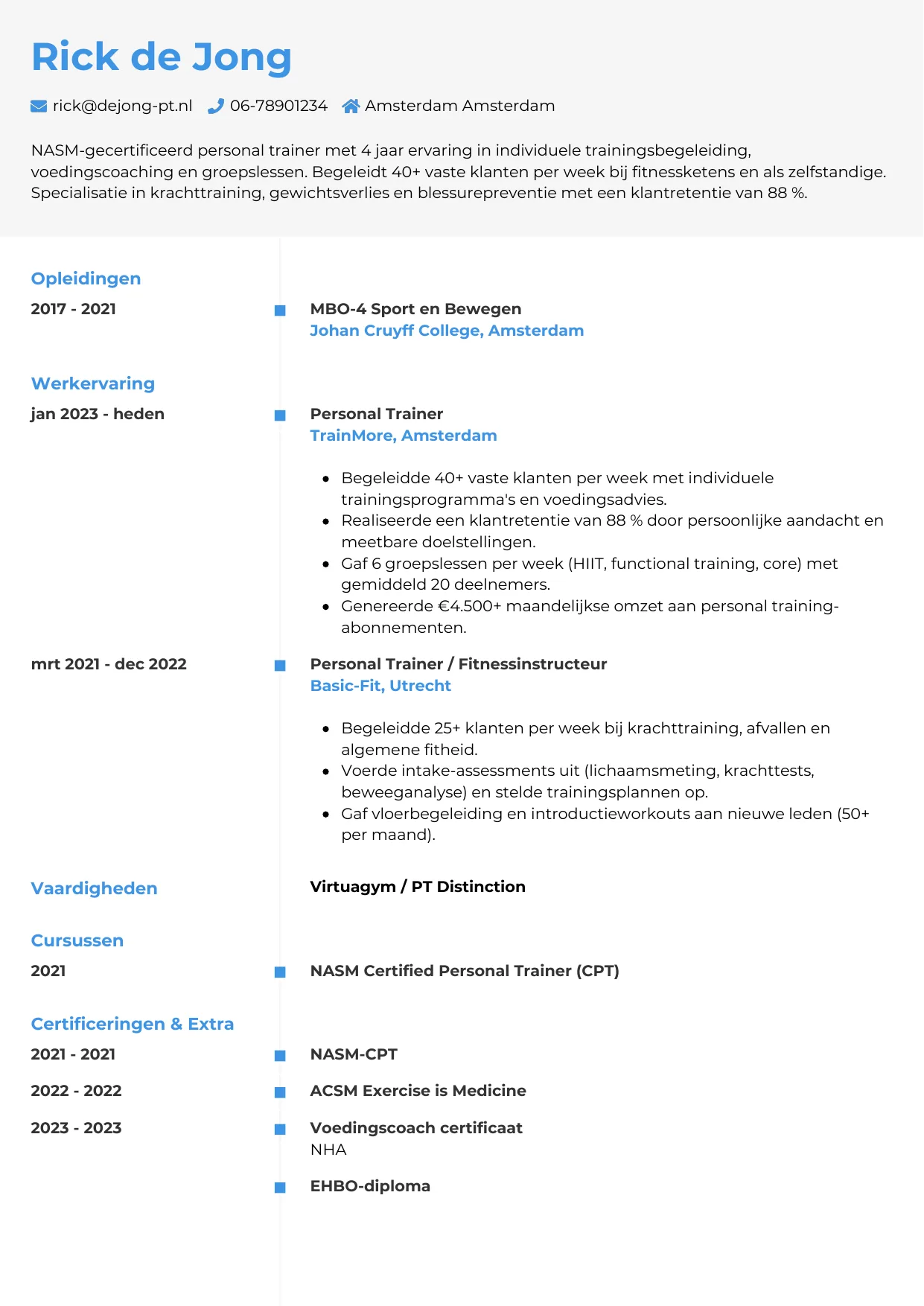 CV Chrono voor personal trainer