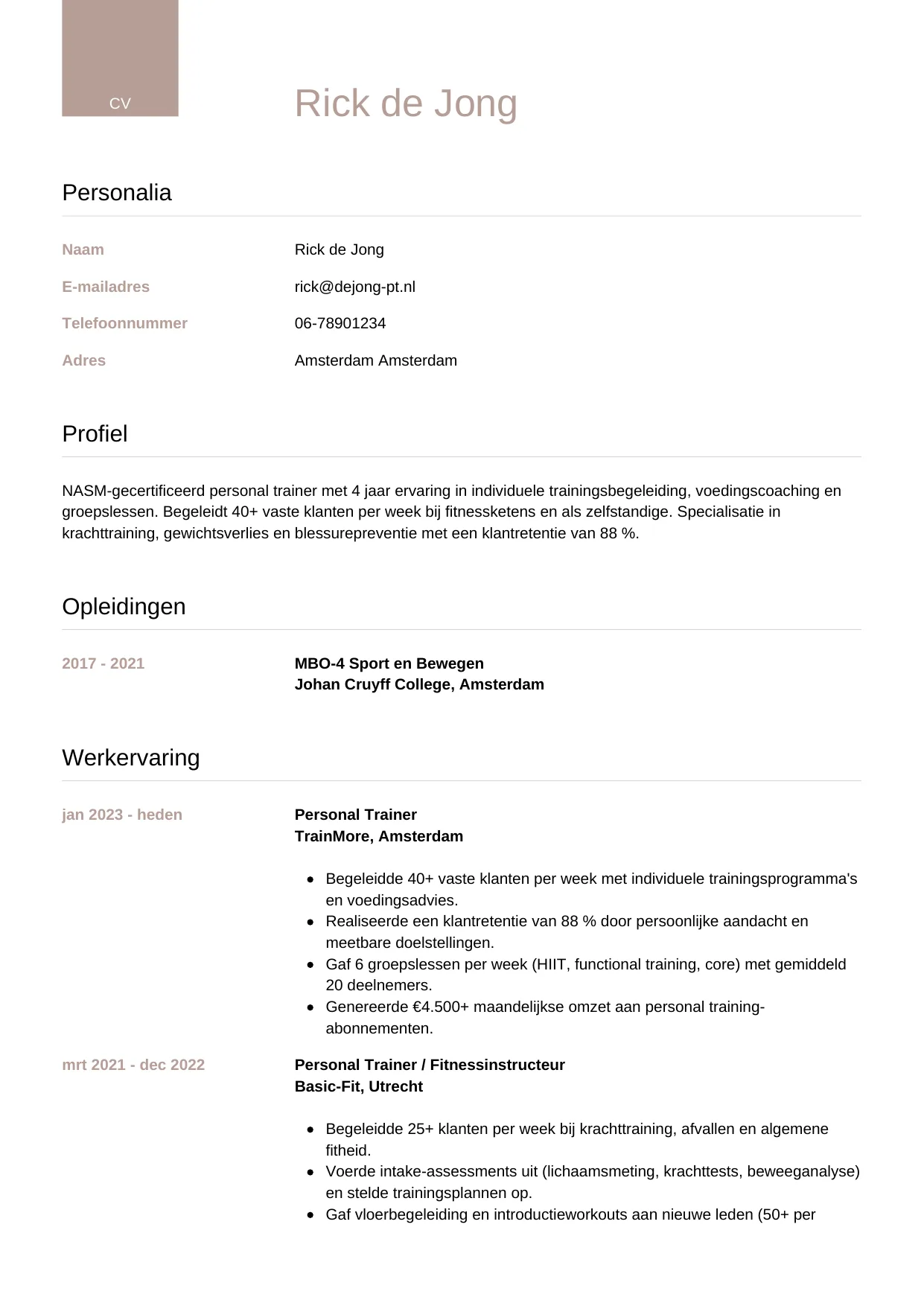 CV Luxe voor personal trainer