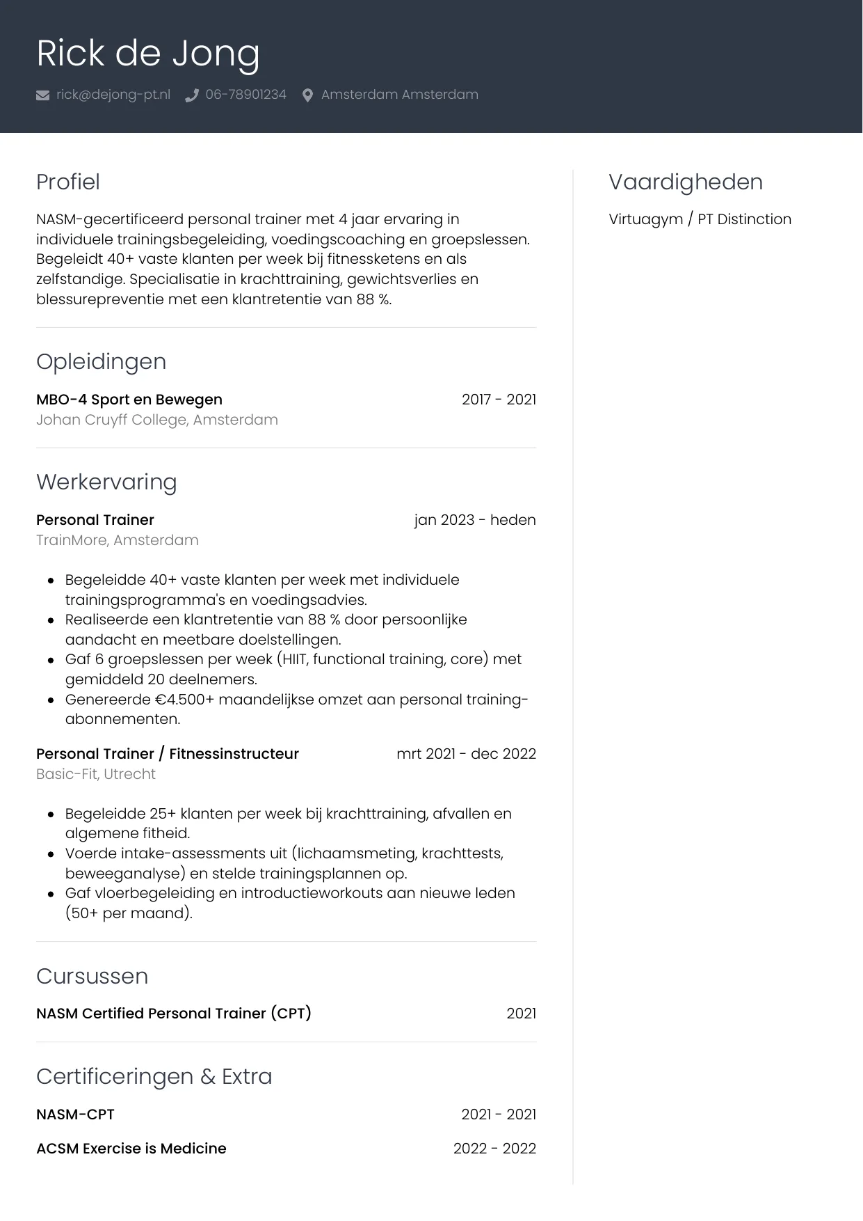 CV Professioneel voor personal trainer