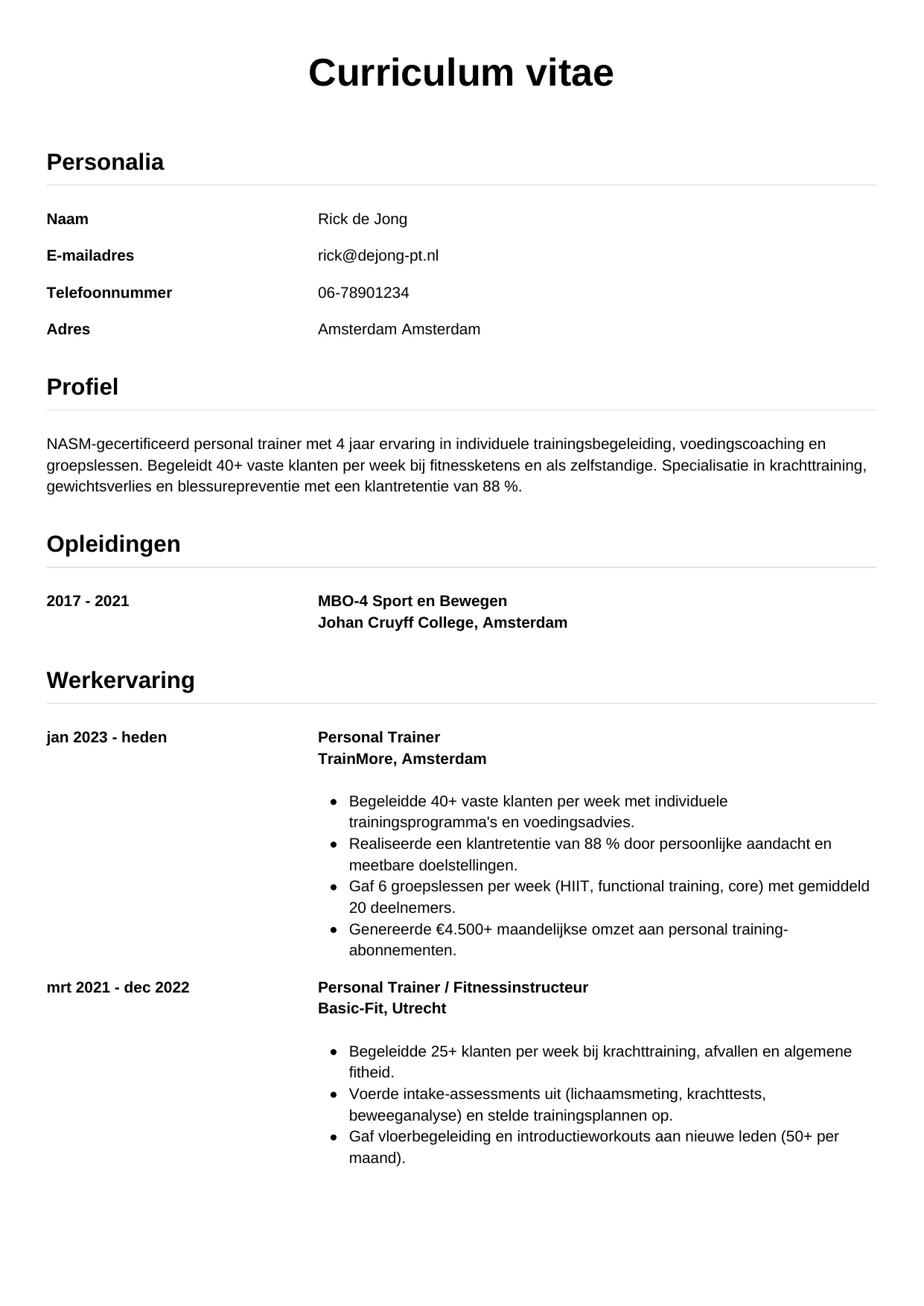 CV Simpel voor personal trainer