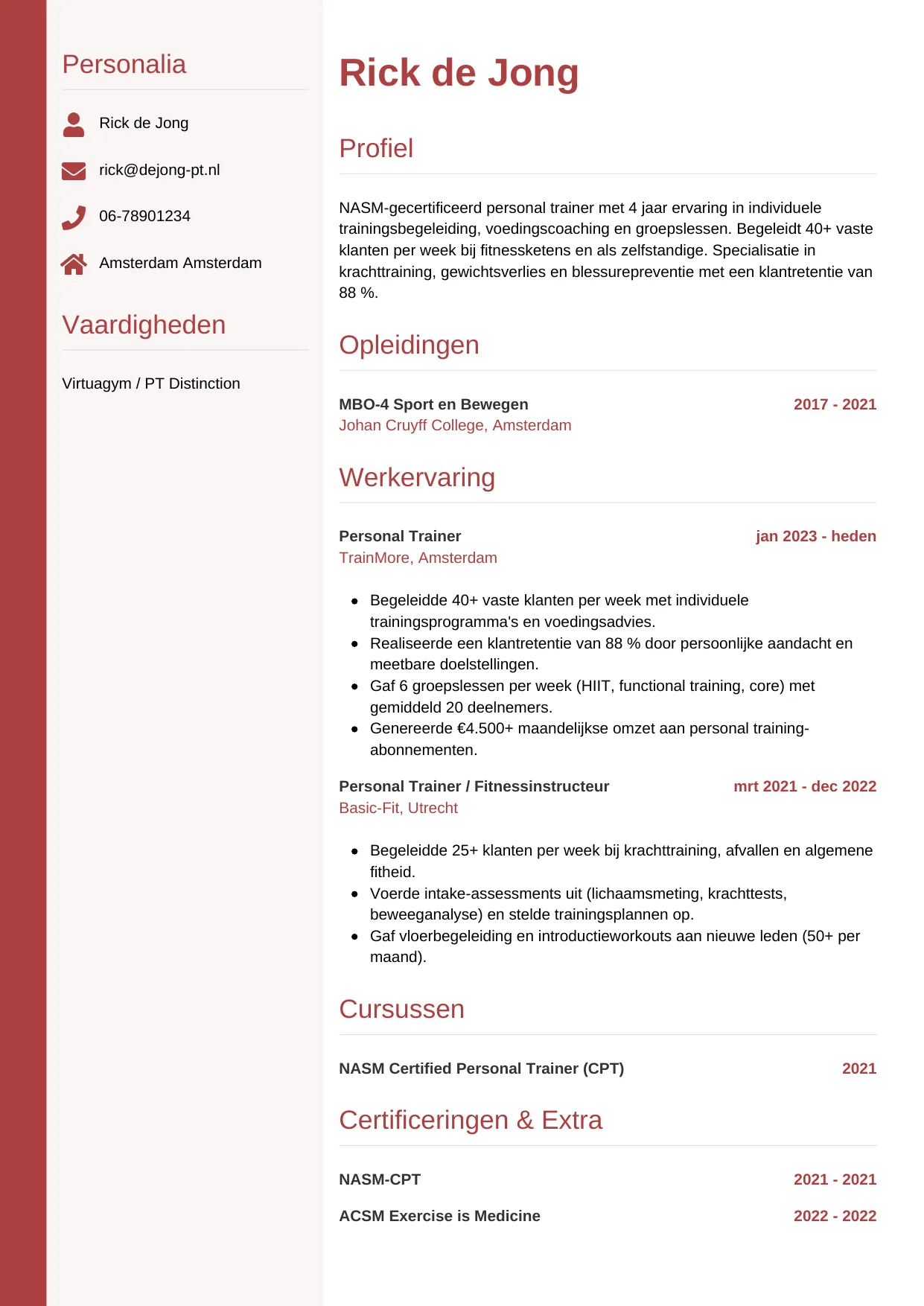 CV Verticaal voor personal trainer