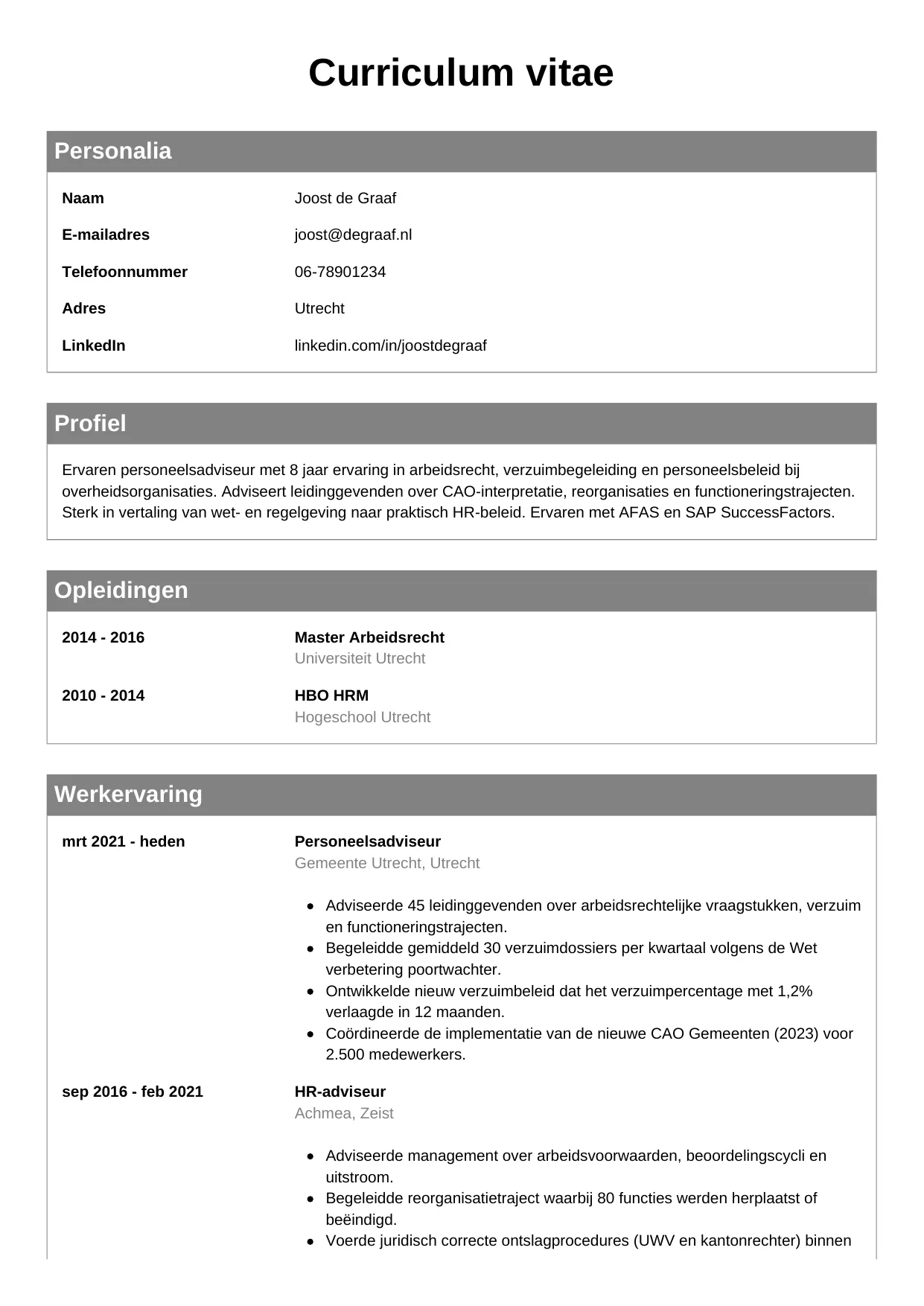CV Klassiek voor personeelsadviseur