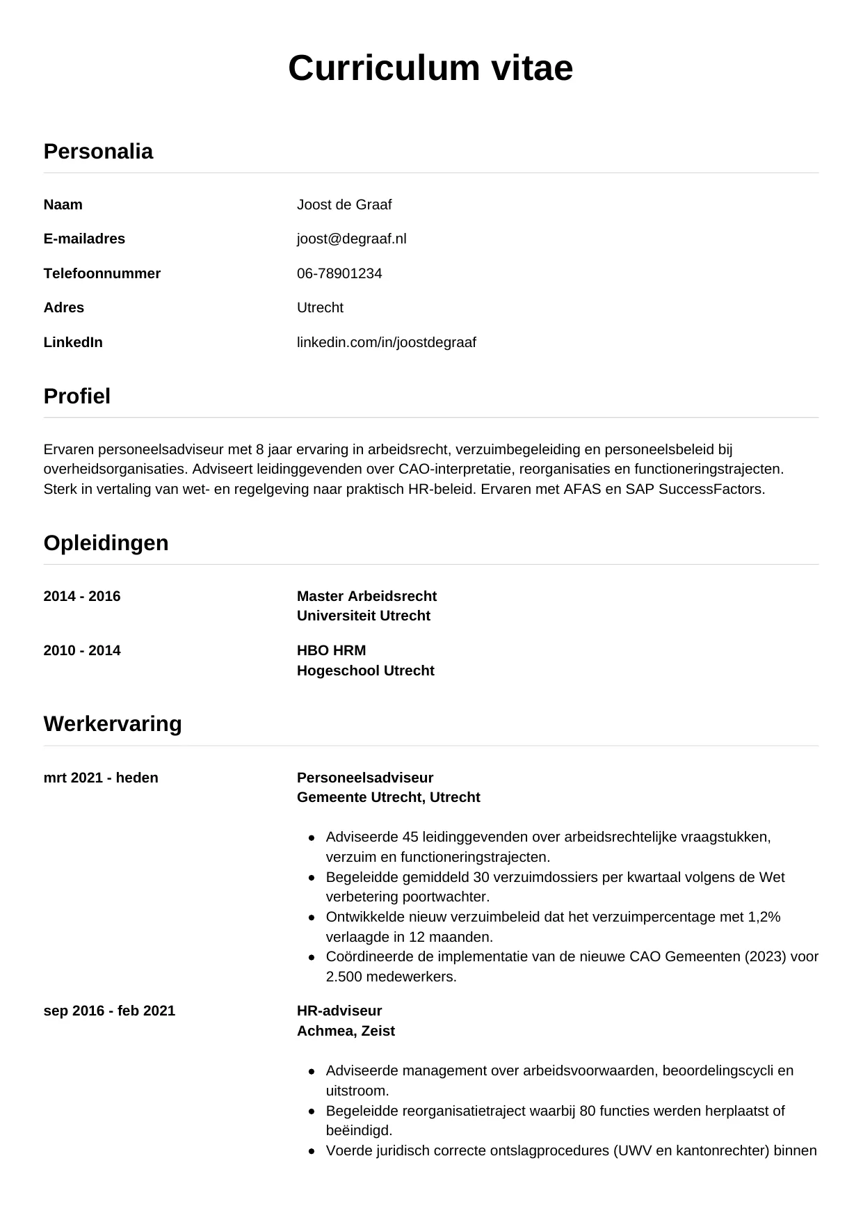 CV Simpel voor personeelsadviseur