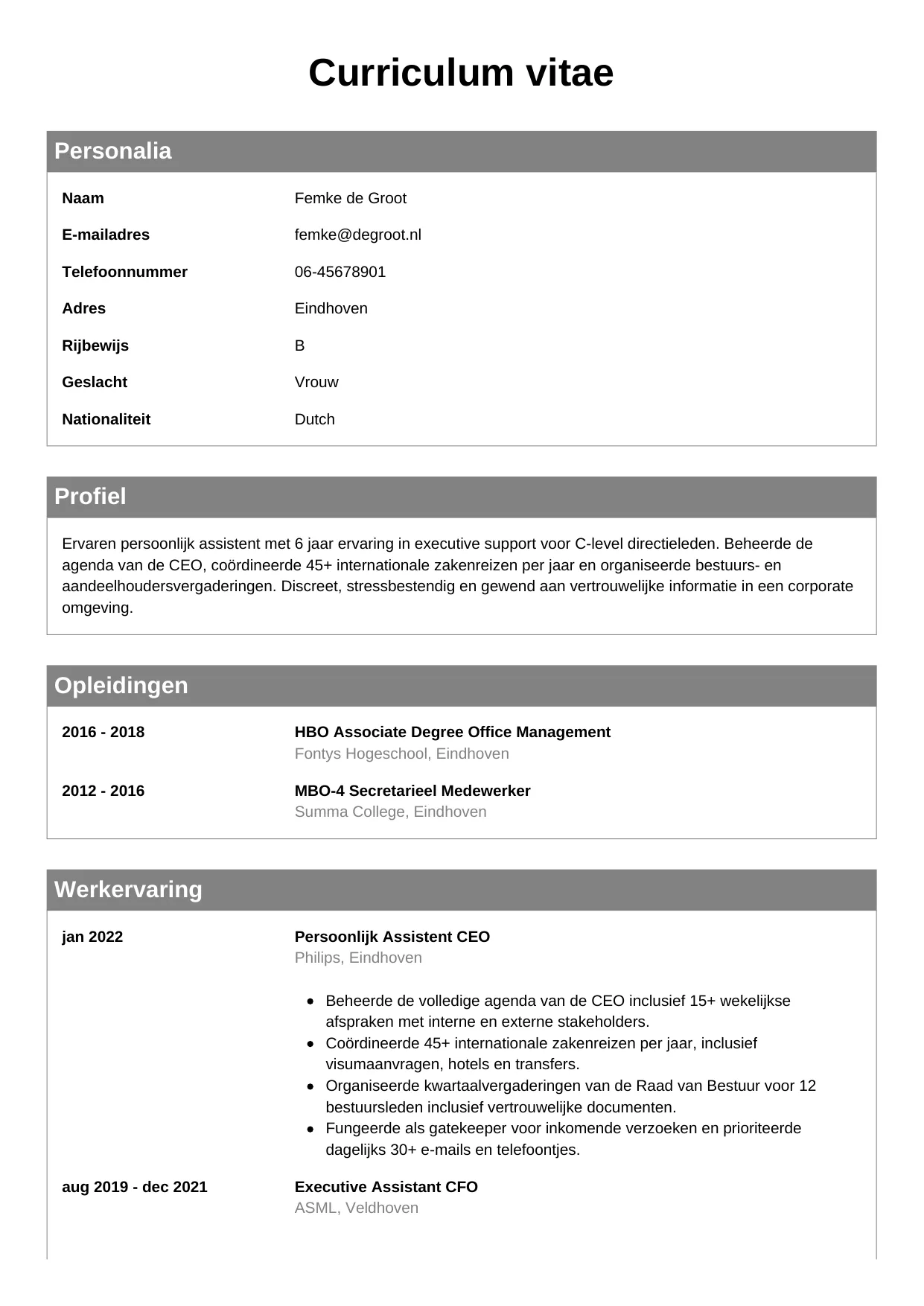 CV Klassiek voor persoonlijk assistent
