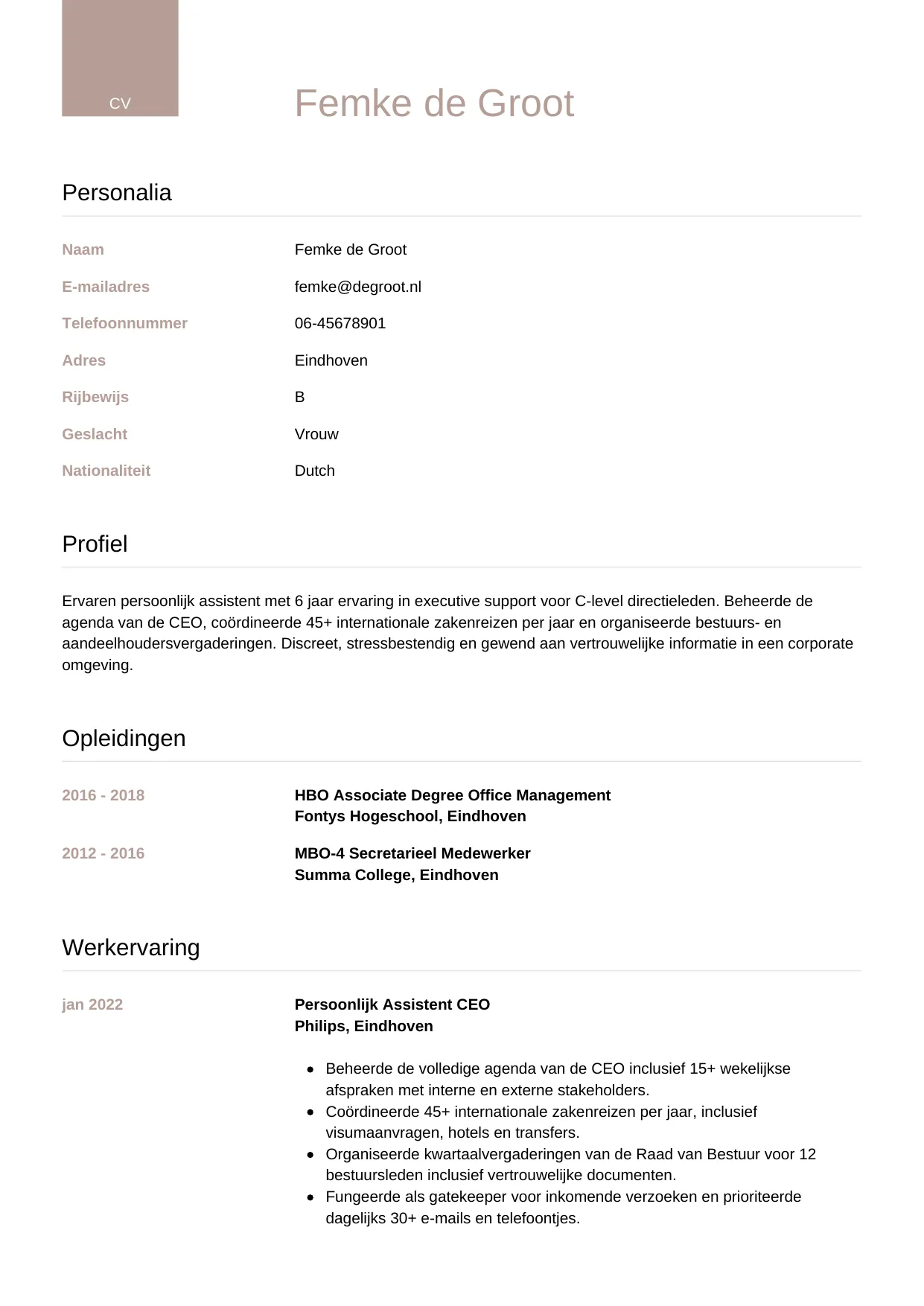 CV Luxe voor persoonlijk assistent