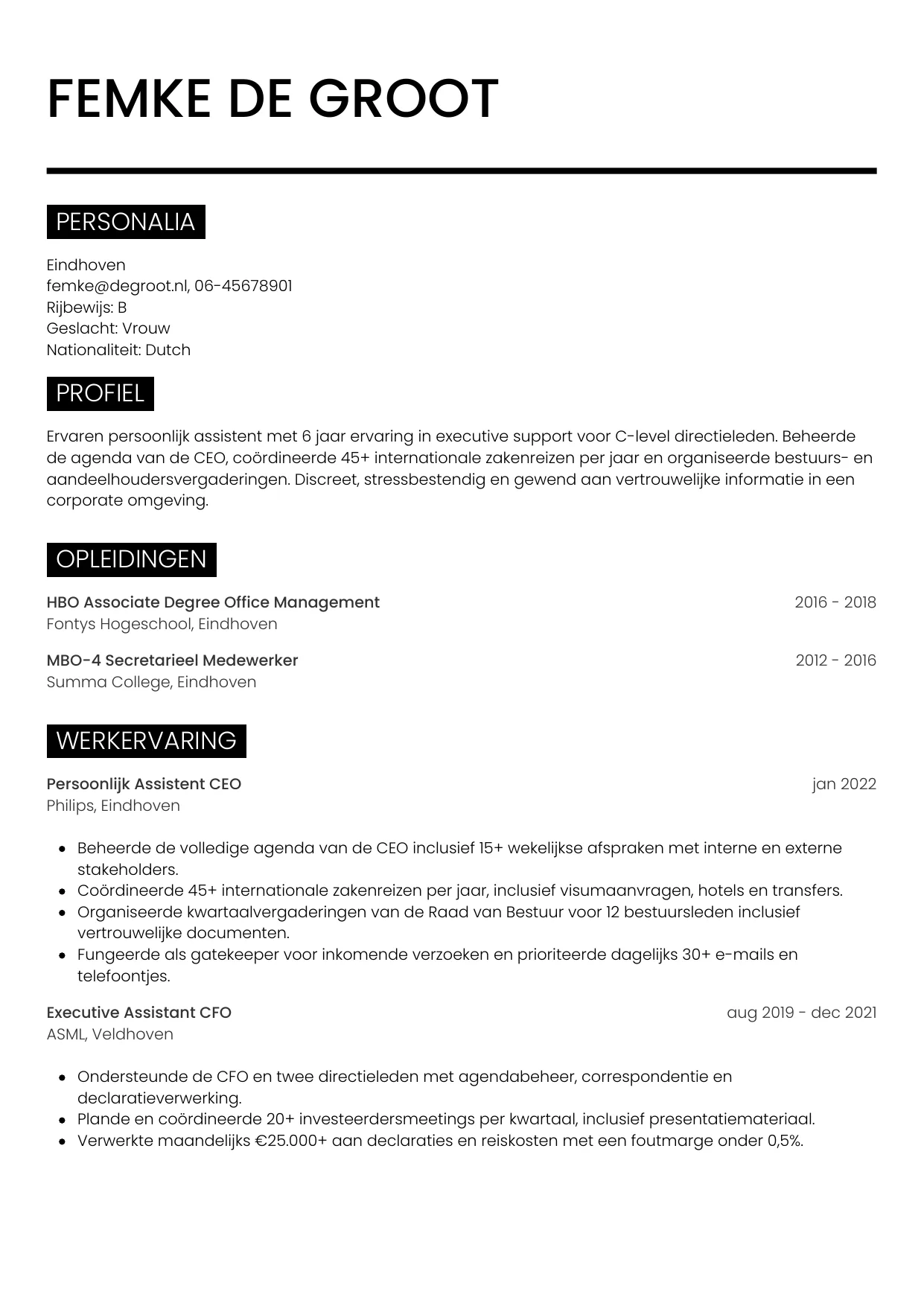 CV Metro voor persoonlijk assistent