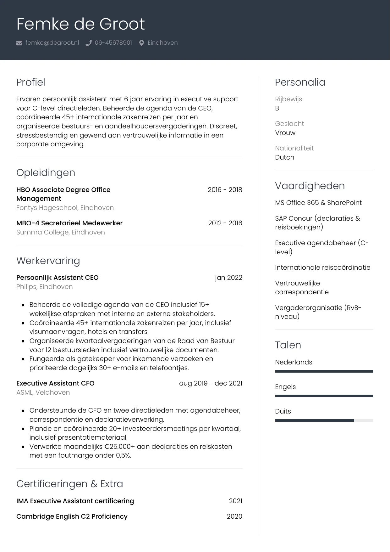 CV Professioneel voor persoonlijk assistent