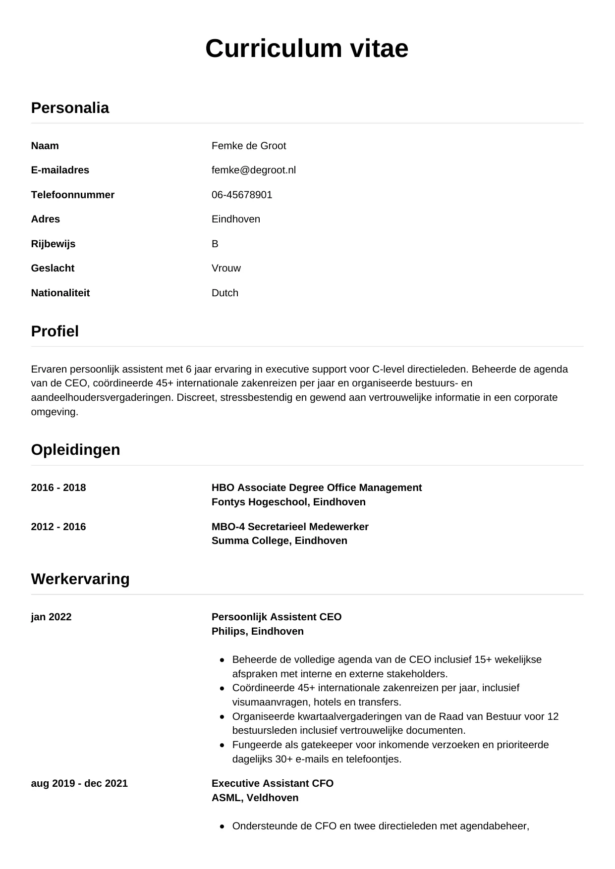 CV Simpel voor persoonlijk assistent