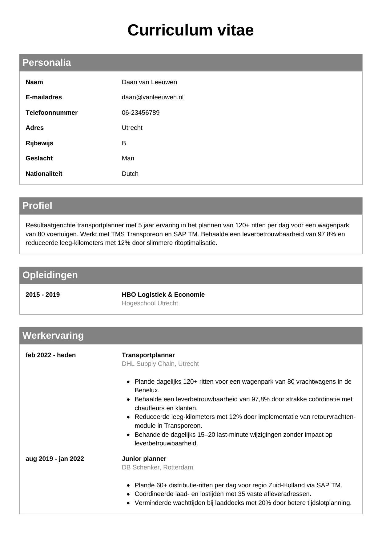 CV Klassiek voor planner