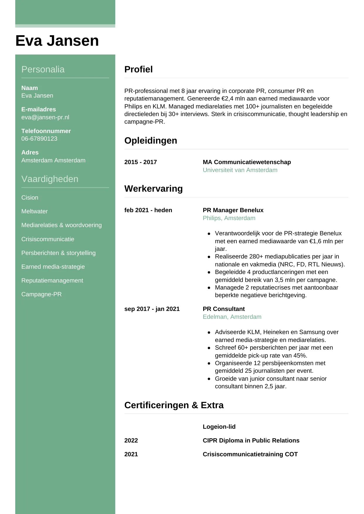 CV Casual voor pr manager