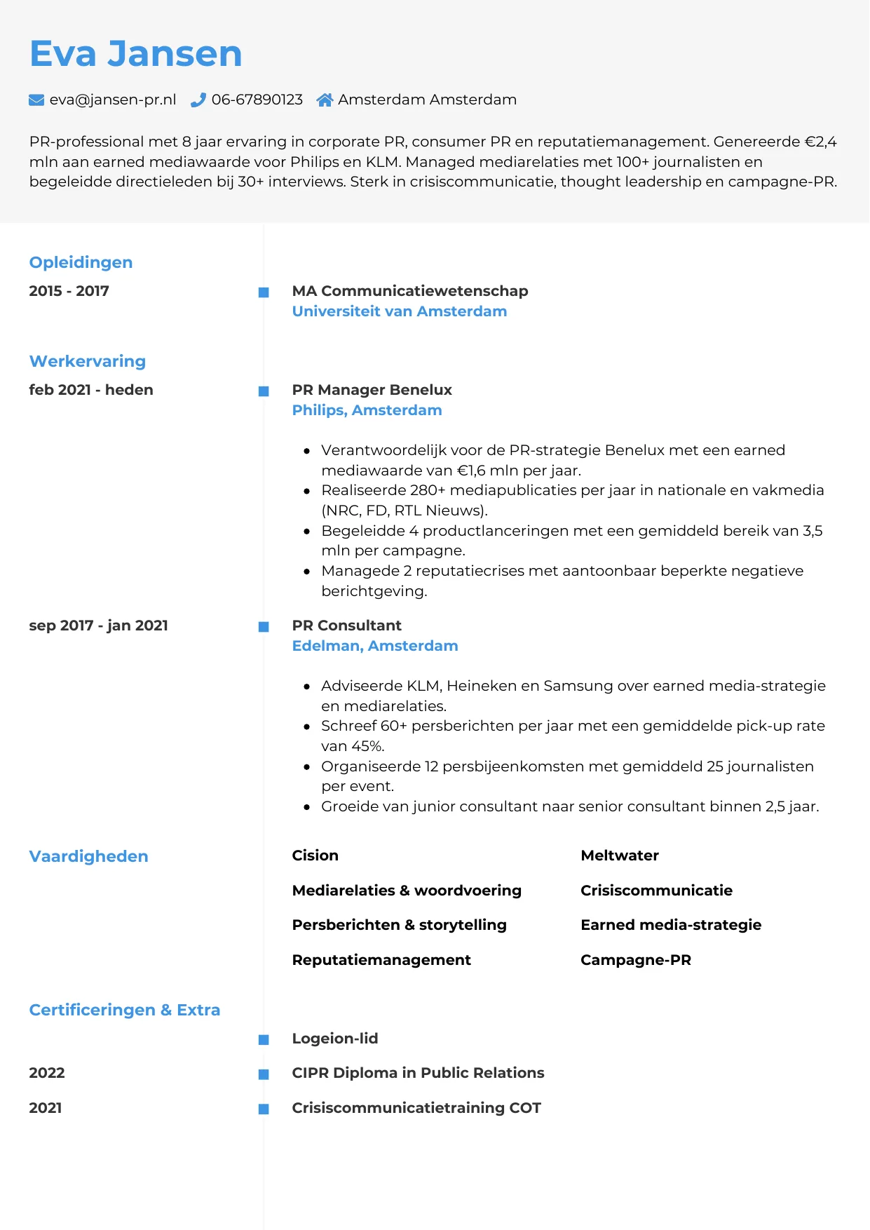 CV Chrono voor pr manager