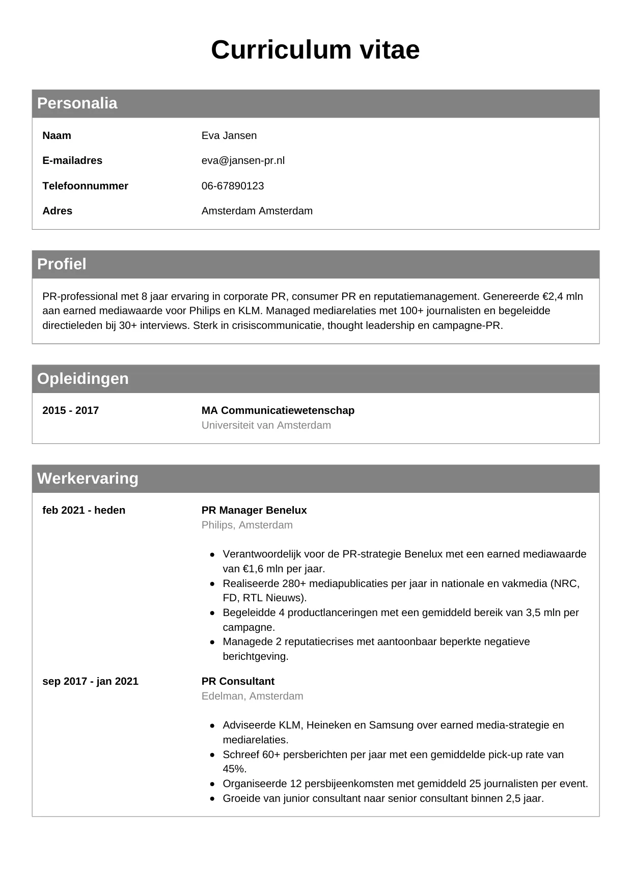 CV Klassiek voor pr manager