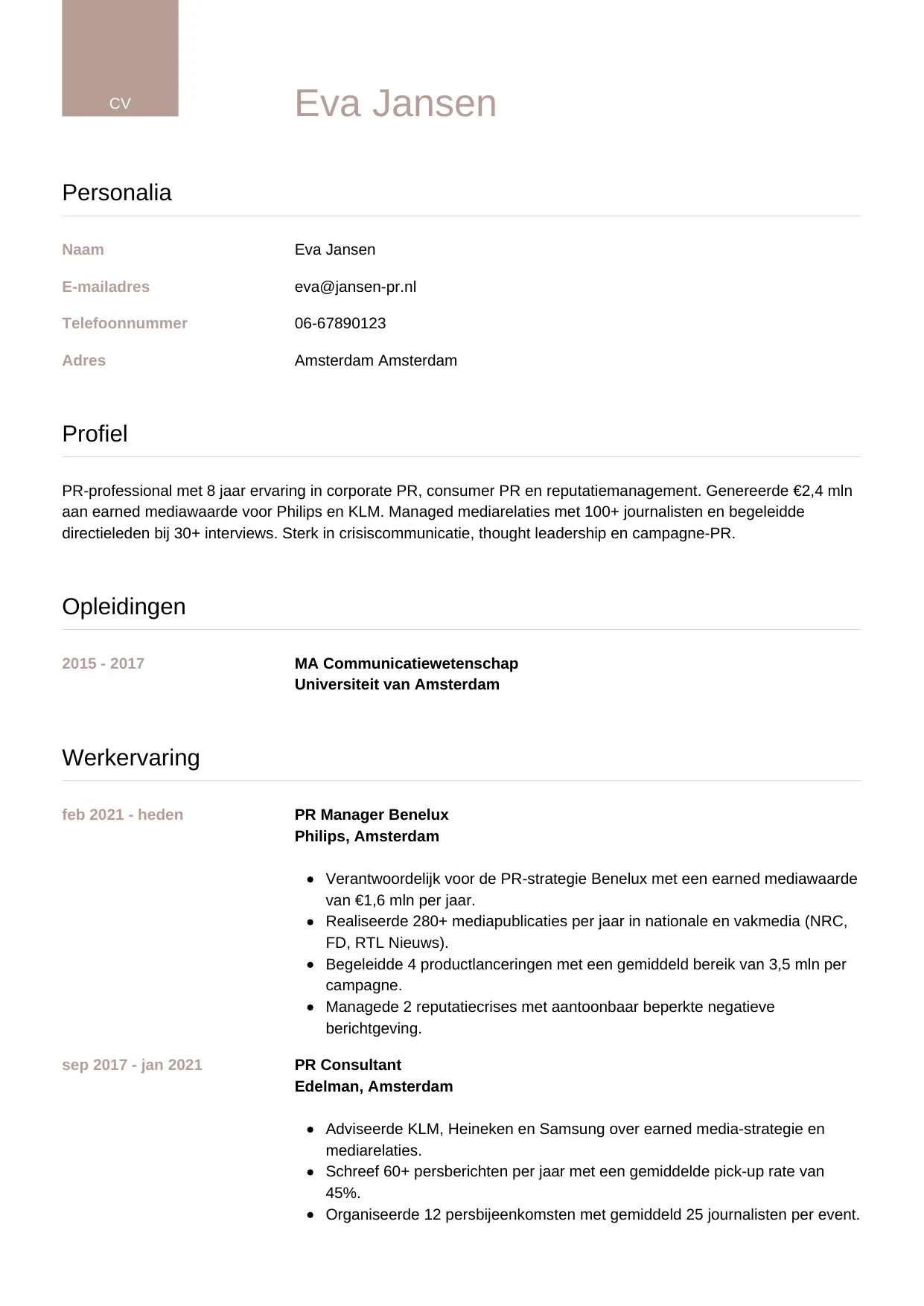 CV Luxe voor pr manager