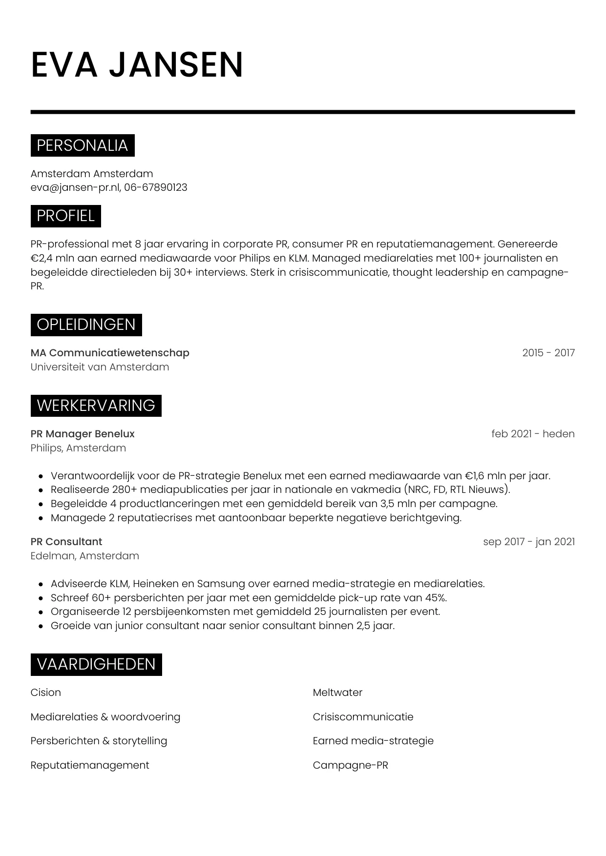 CV Metro voor pr manager