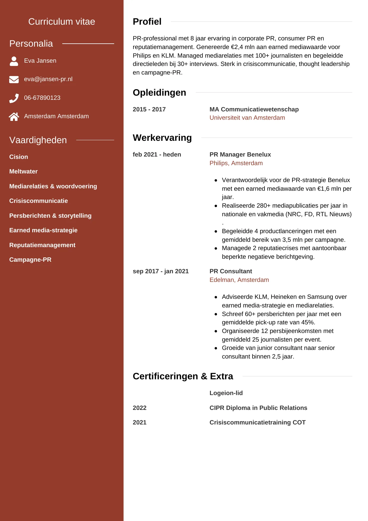 CV Modern voor pr manager