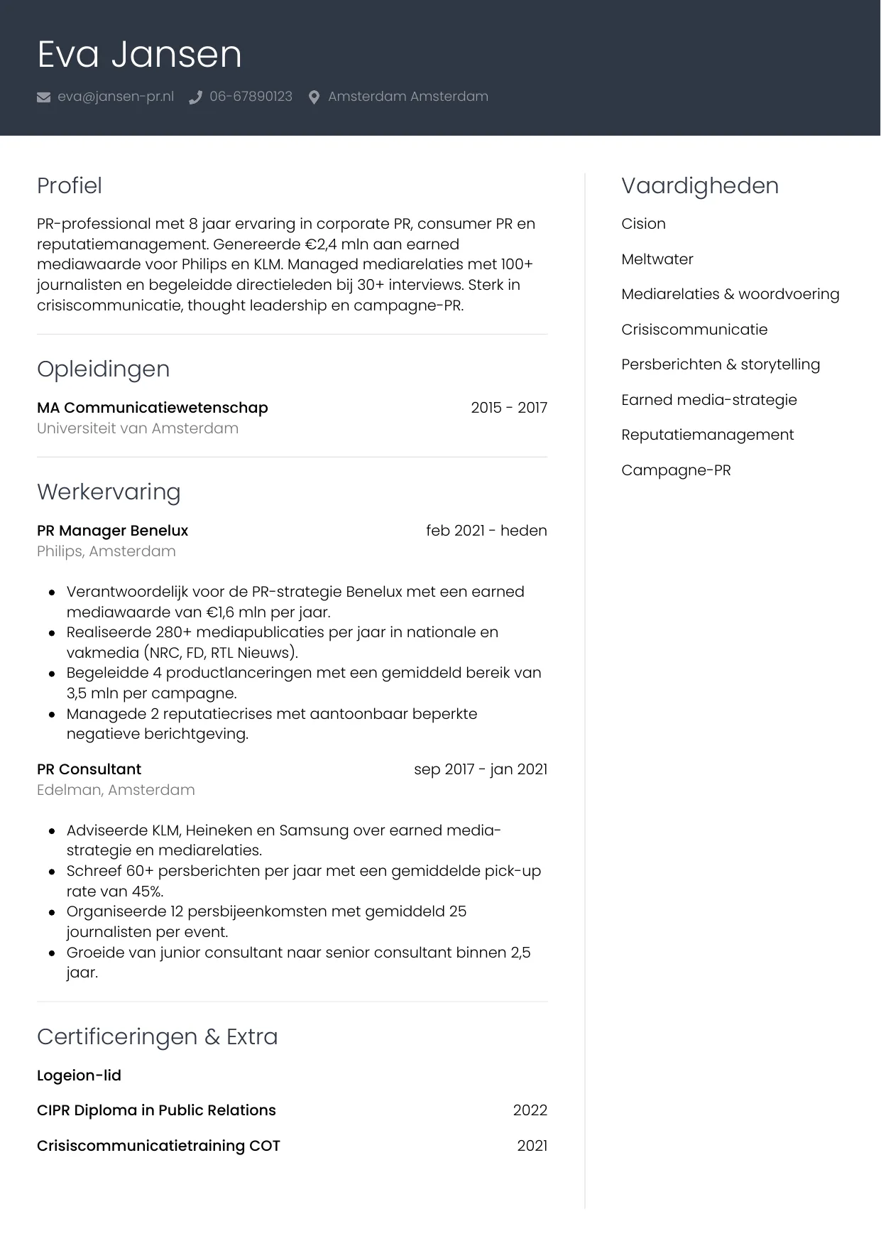 CV Professioneel voor pr manager