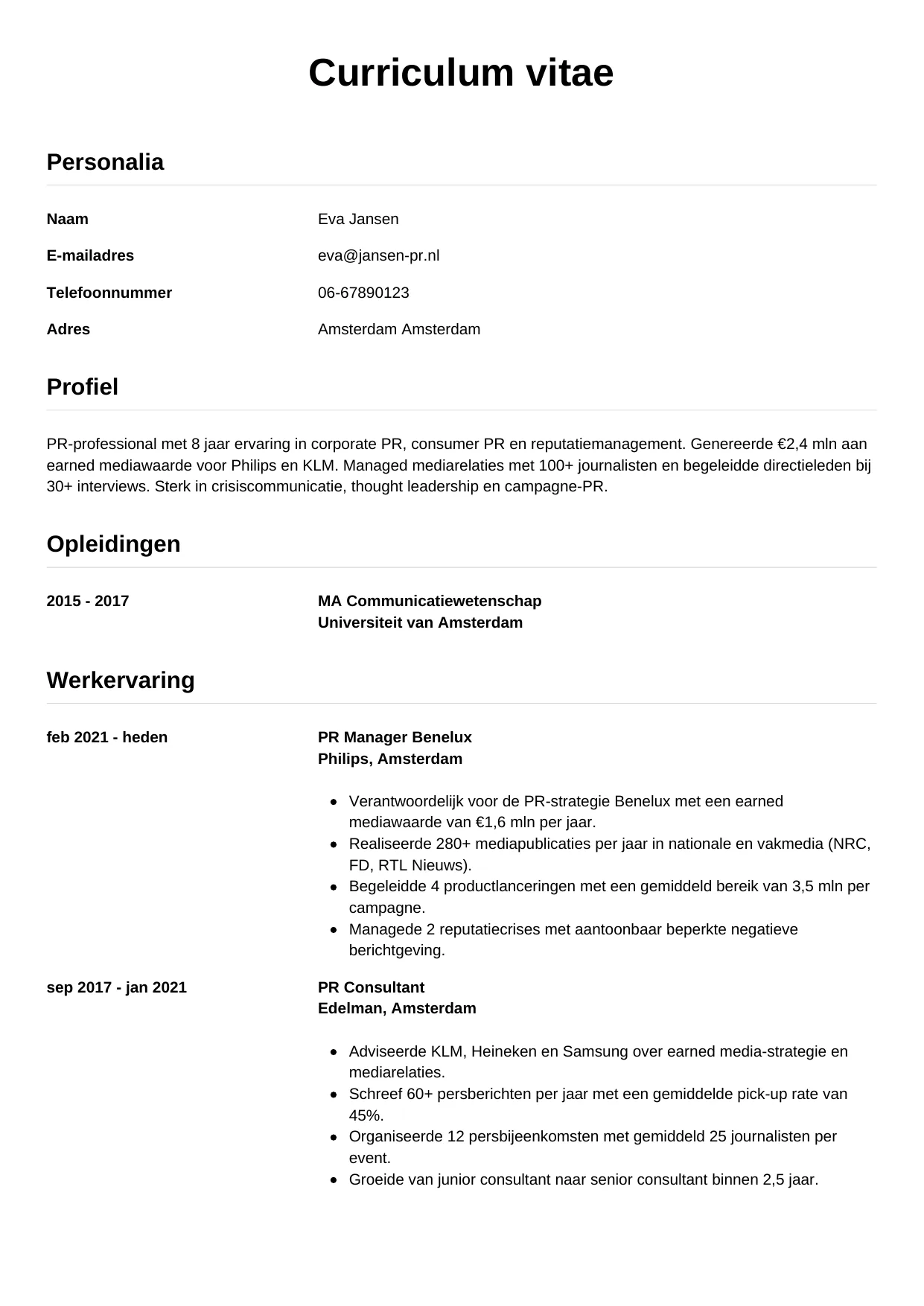 CV Simpel voor pr manager