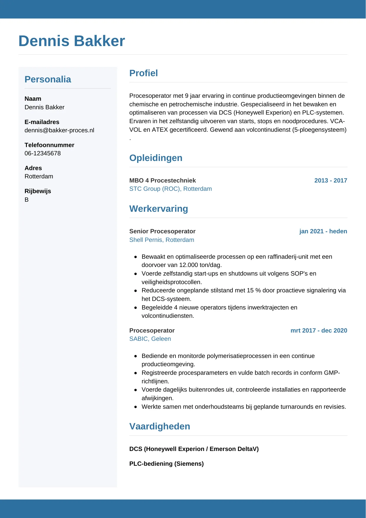 CV Horizontaal voor procesoperator