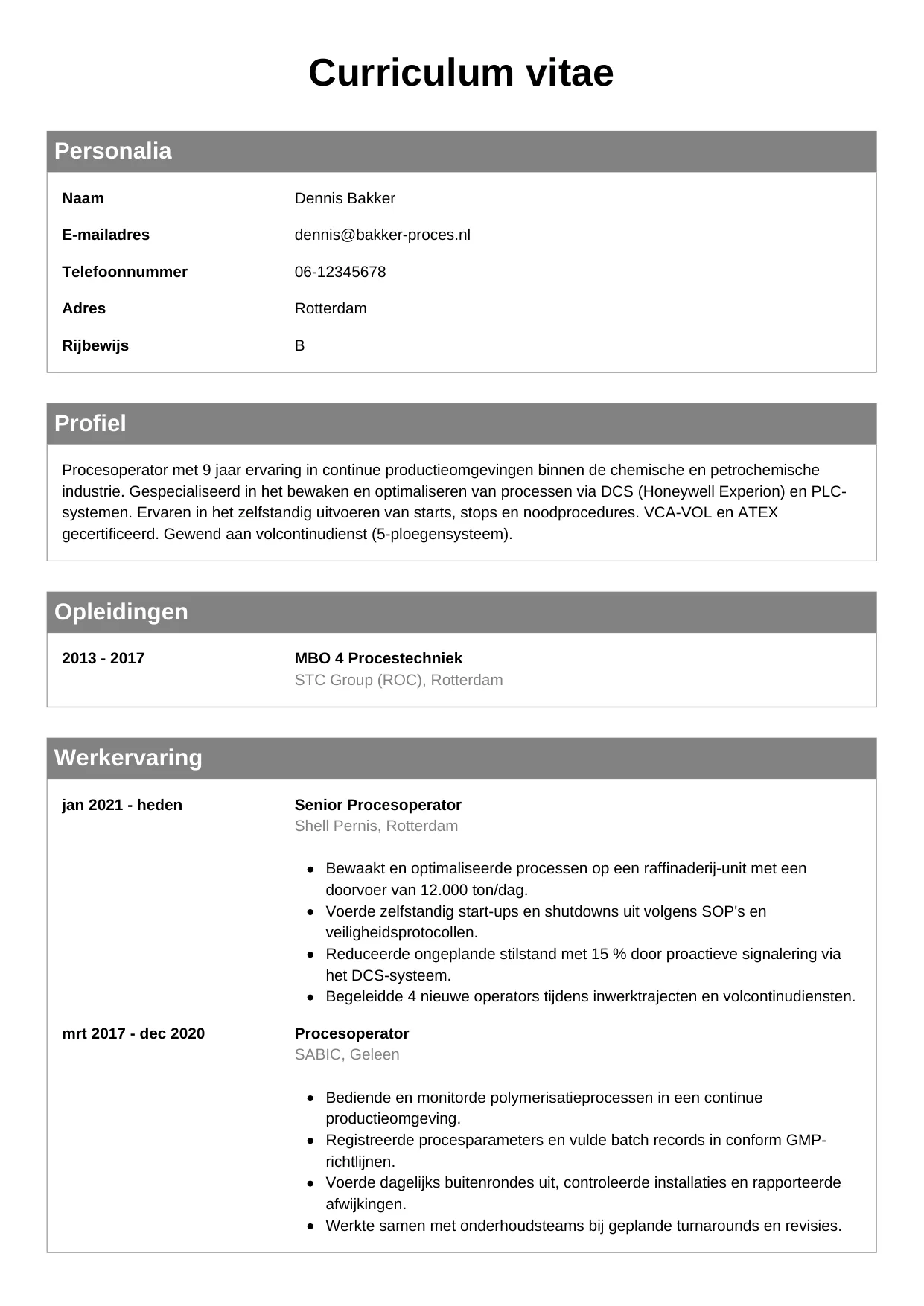 CV Klassiek voor procesoperator