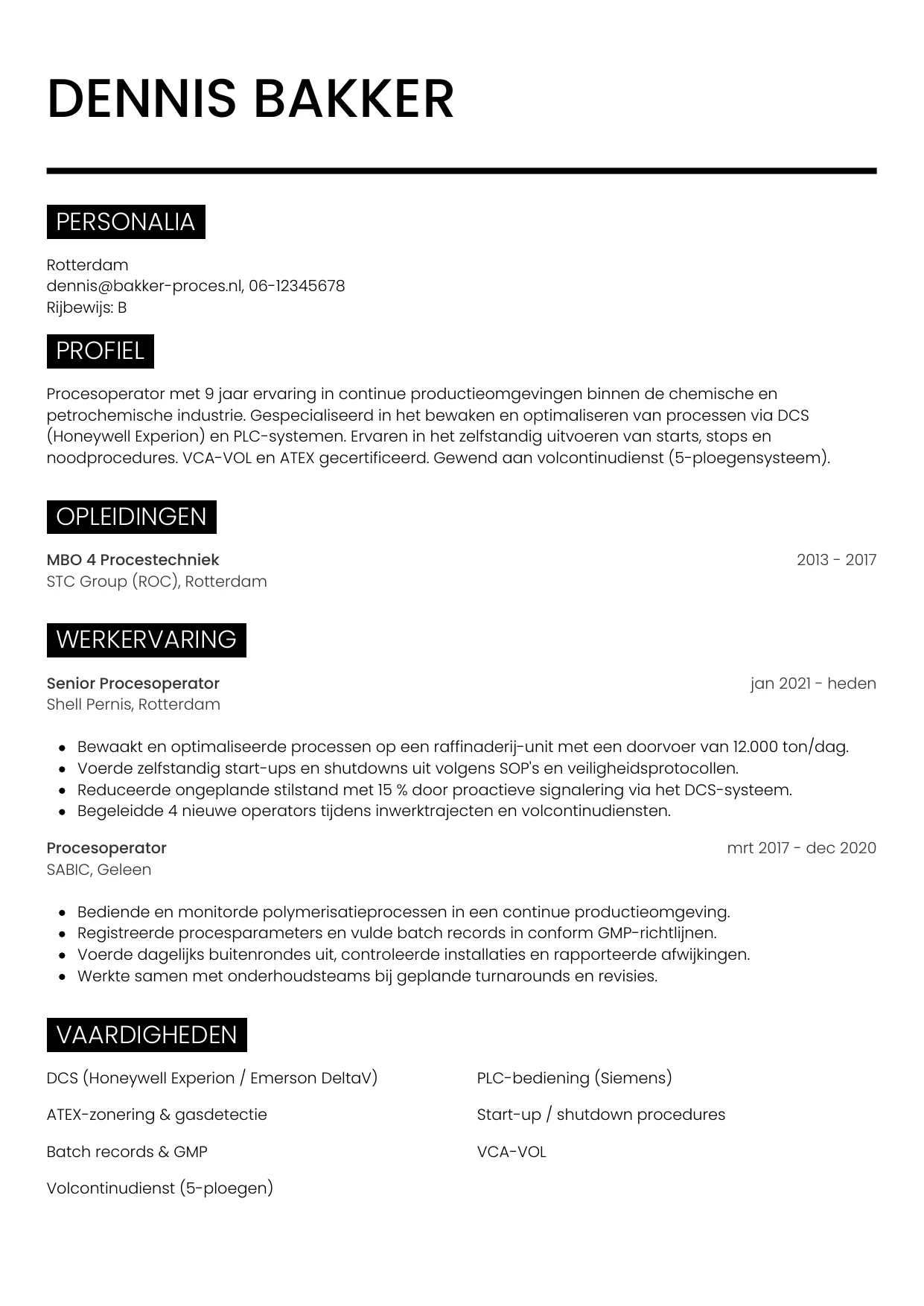 CV Metro voor procesoperator