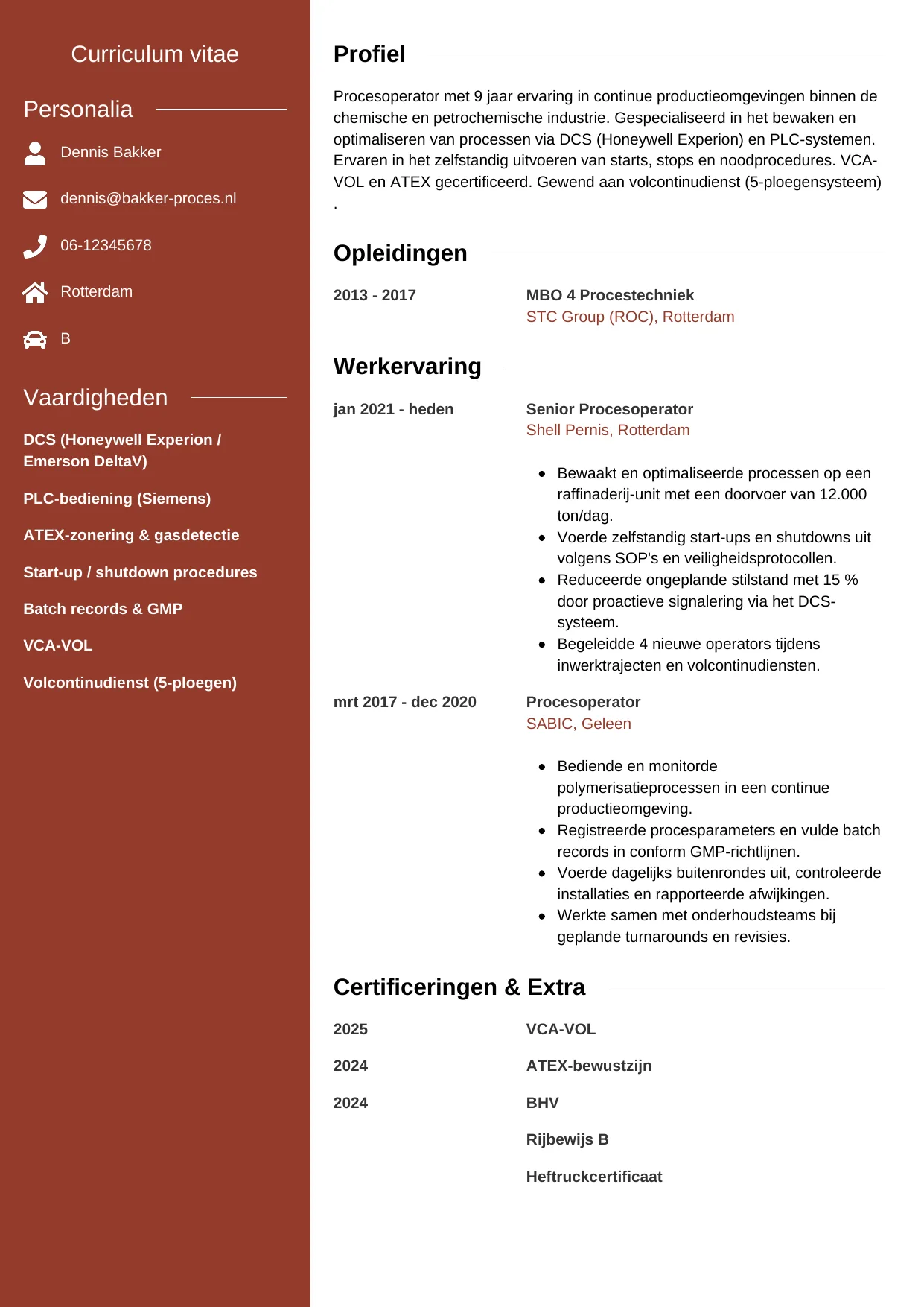 CV Modern voor procesoperator