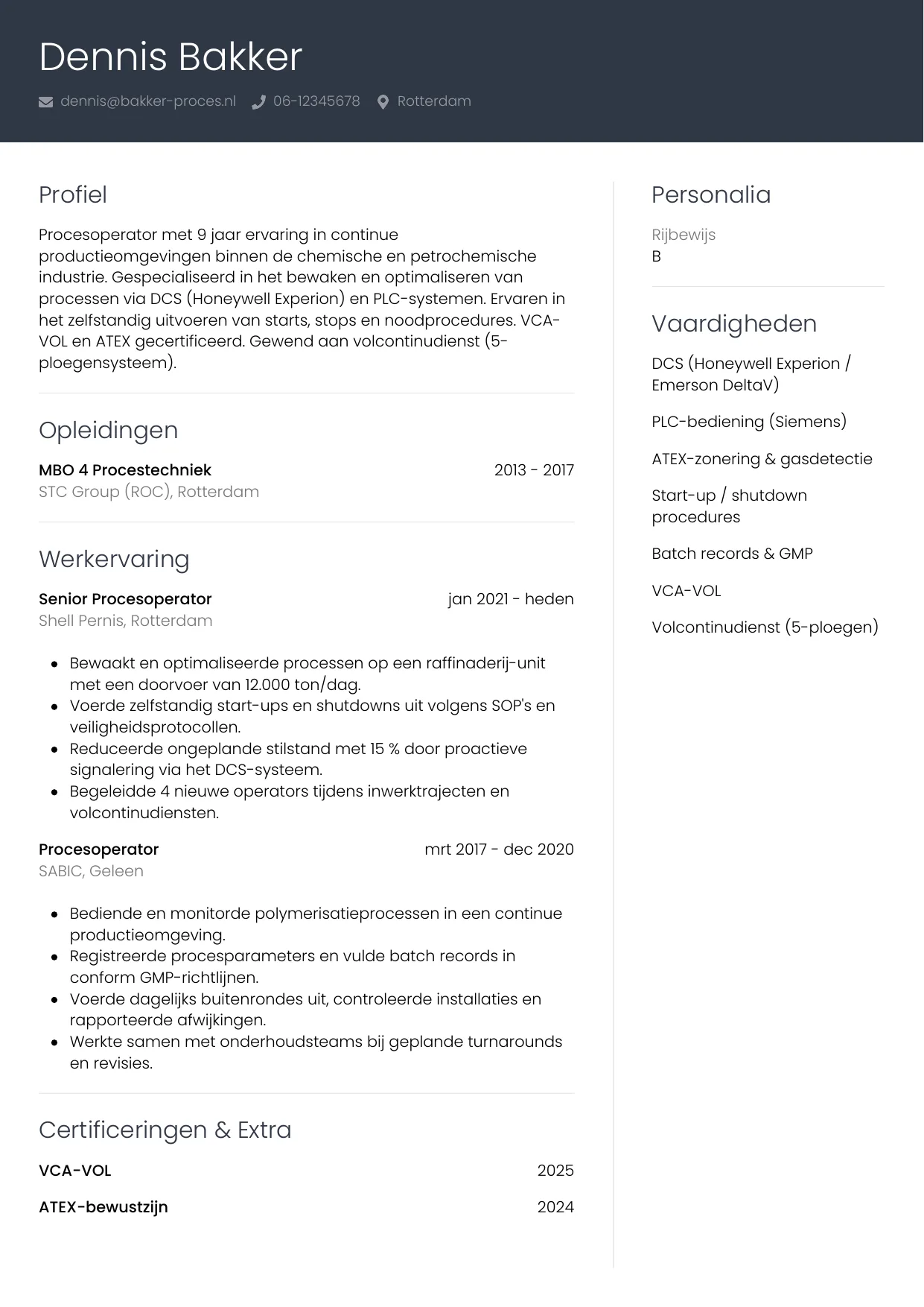 CV Professioneel voor procesoperator