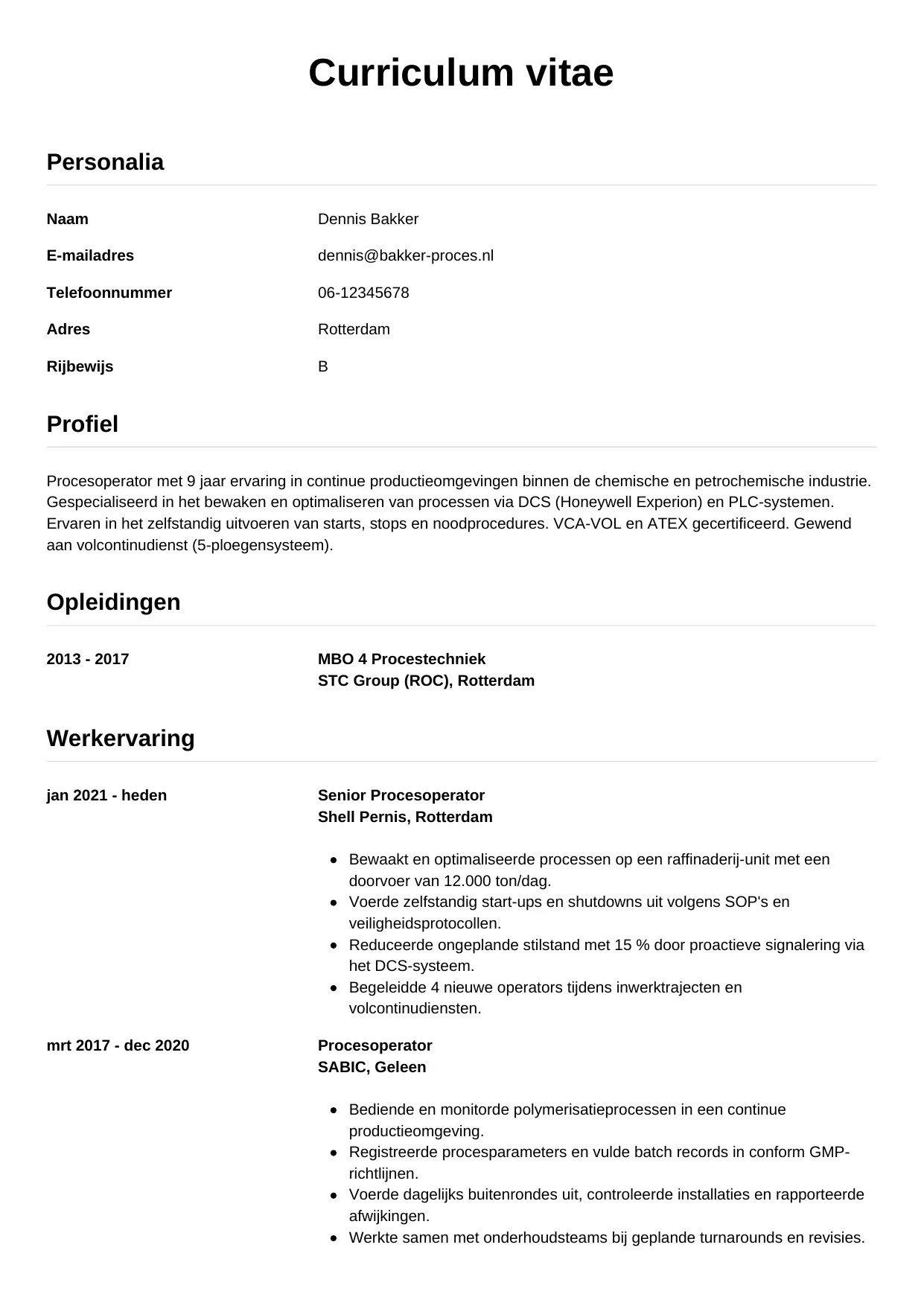 CV Simpel voor procesoperator