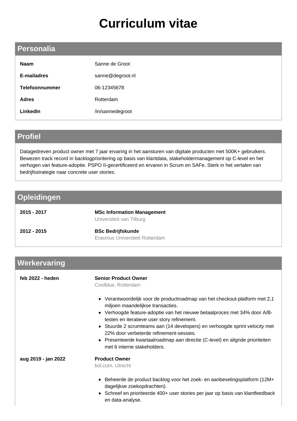 CV Klassiek voor product owner