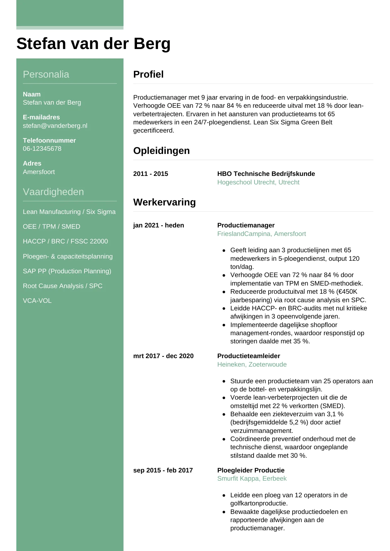 Voorbeeld CV voor productiemanager in template Casual. CV Casual voor productiemanager