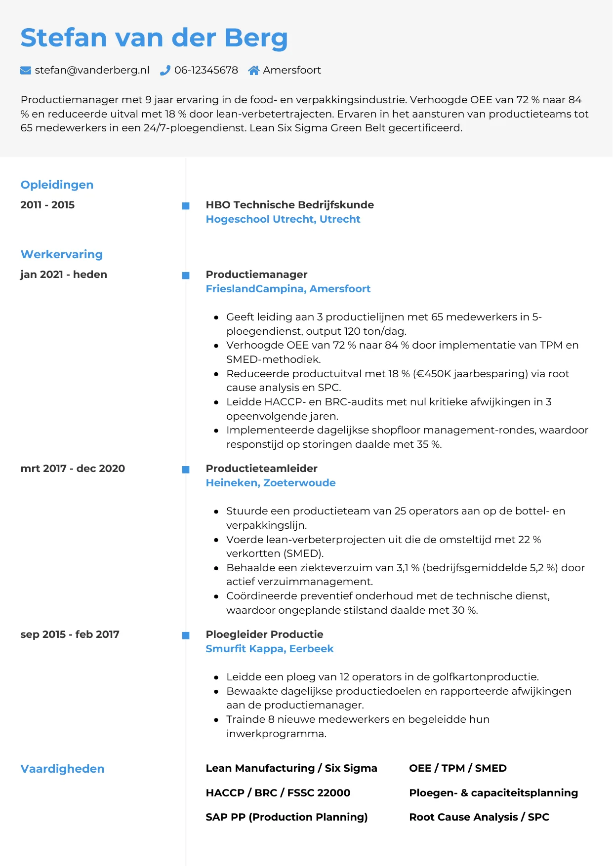 Voorbeeld CV voor productiemanager in template Chrono. CV Chrono voor productiemanager