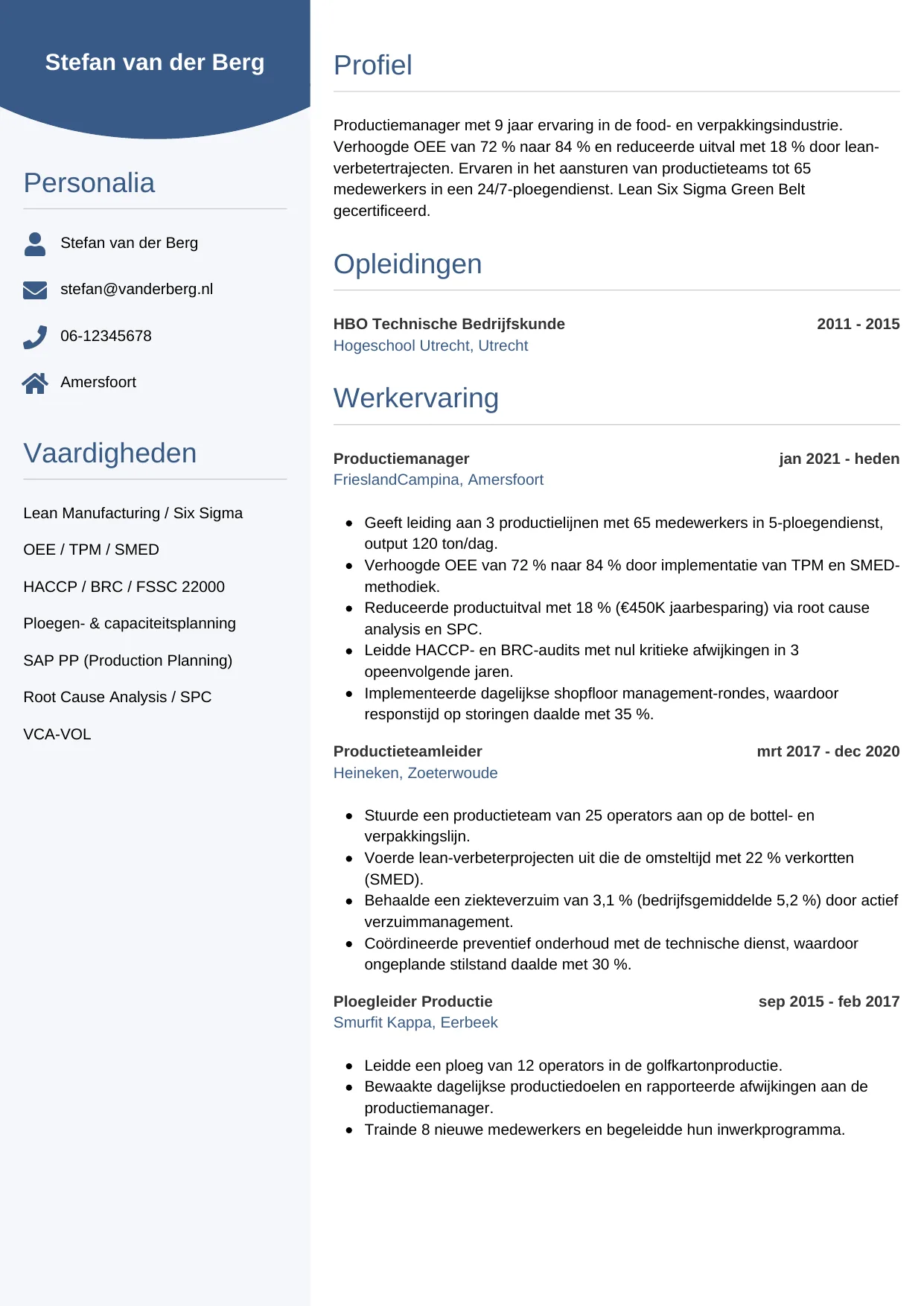 Voorbeeld CV voor productiemanager in template Circulair. CV Circulair voor productiemanager