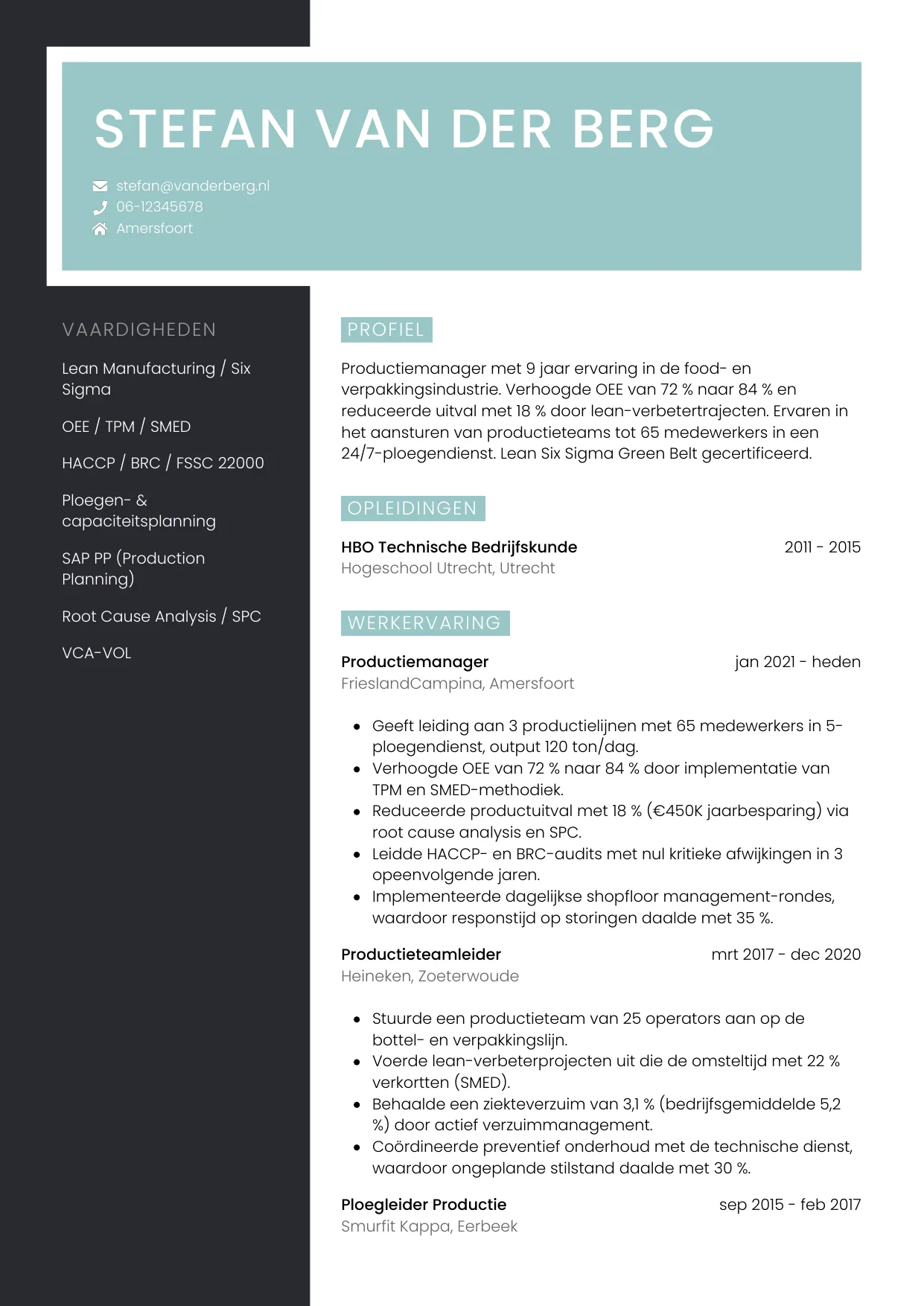 Voorbeeld CV voor productiemanager in template Elegant. CV Elegant voor productiemanager