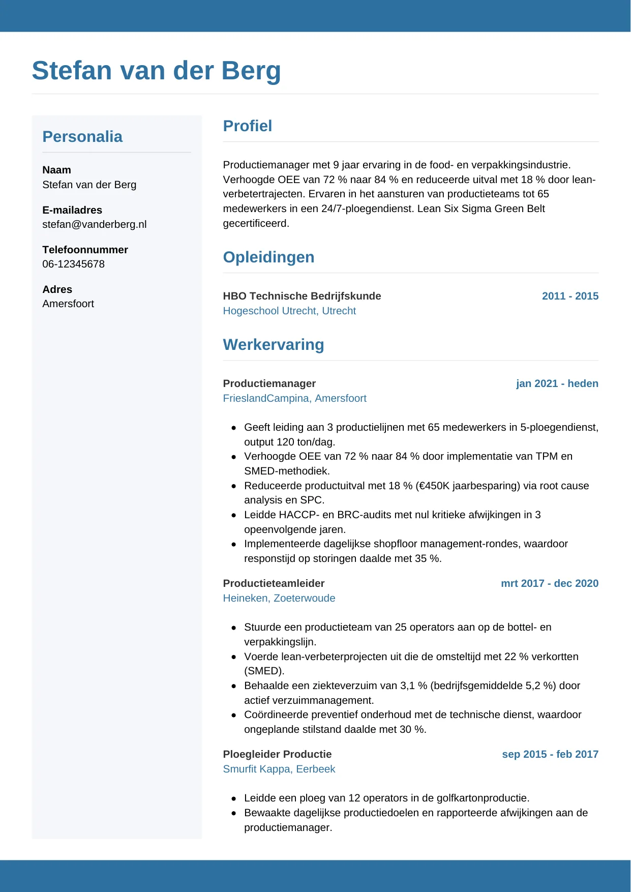 Voorbeeld CV voor productiemanager in template Horizontaal. CV Horizontaal voor productiemanager