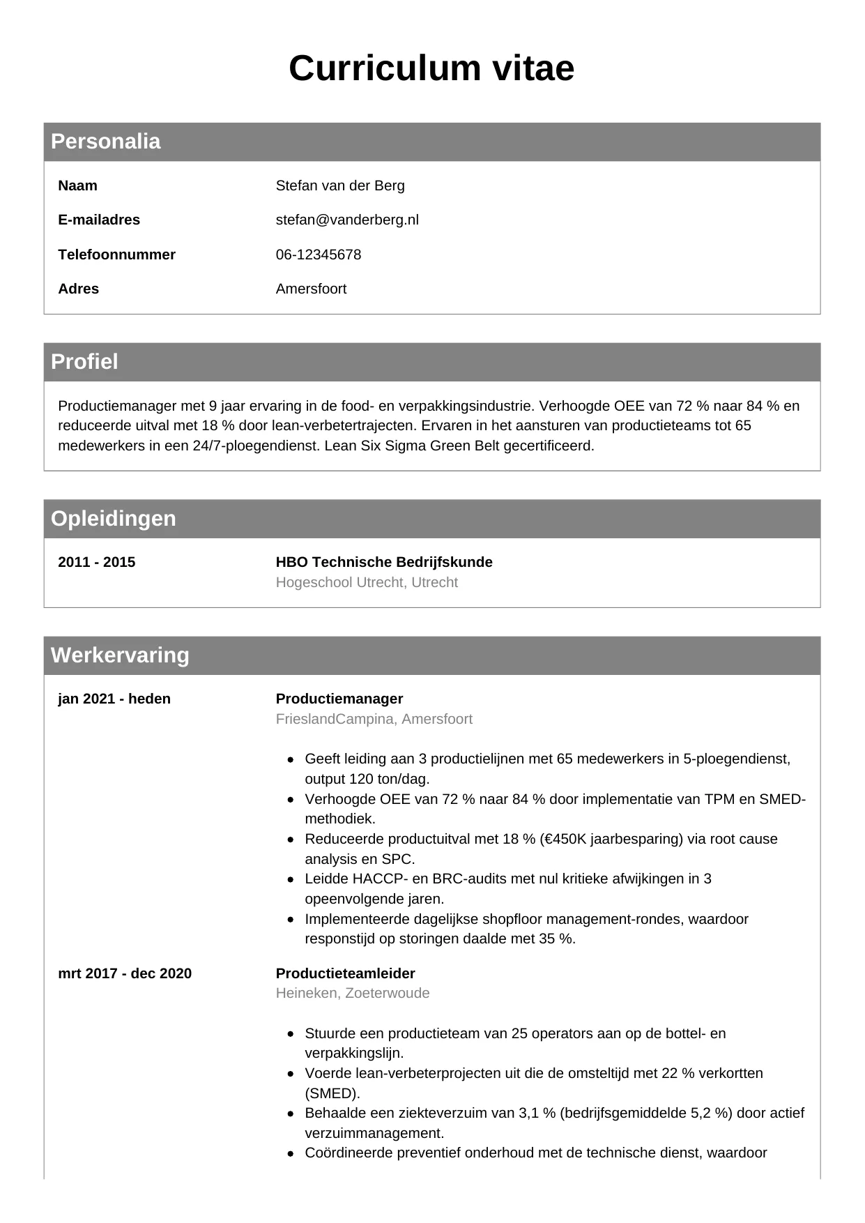 Voorbeeld CV voor productiemanager in template Klassiek. CV Klassiek voor productiemanager