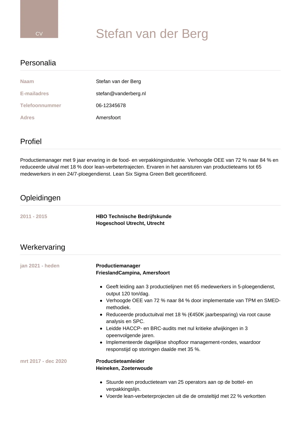 Voorbeeld CV voor productiemanager in template Luxe. CV Luxe voor productiemanager