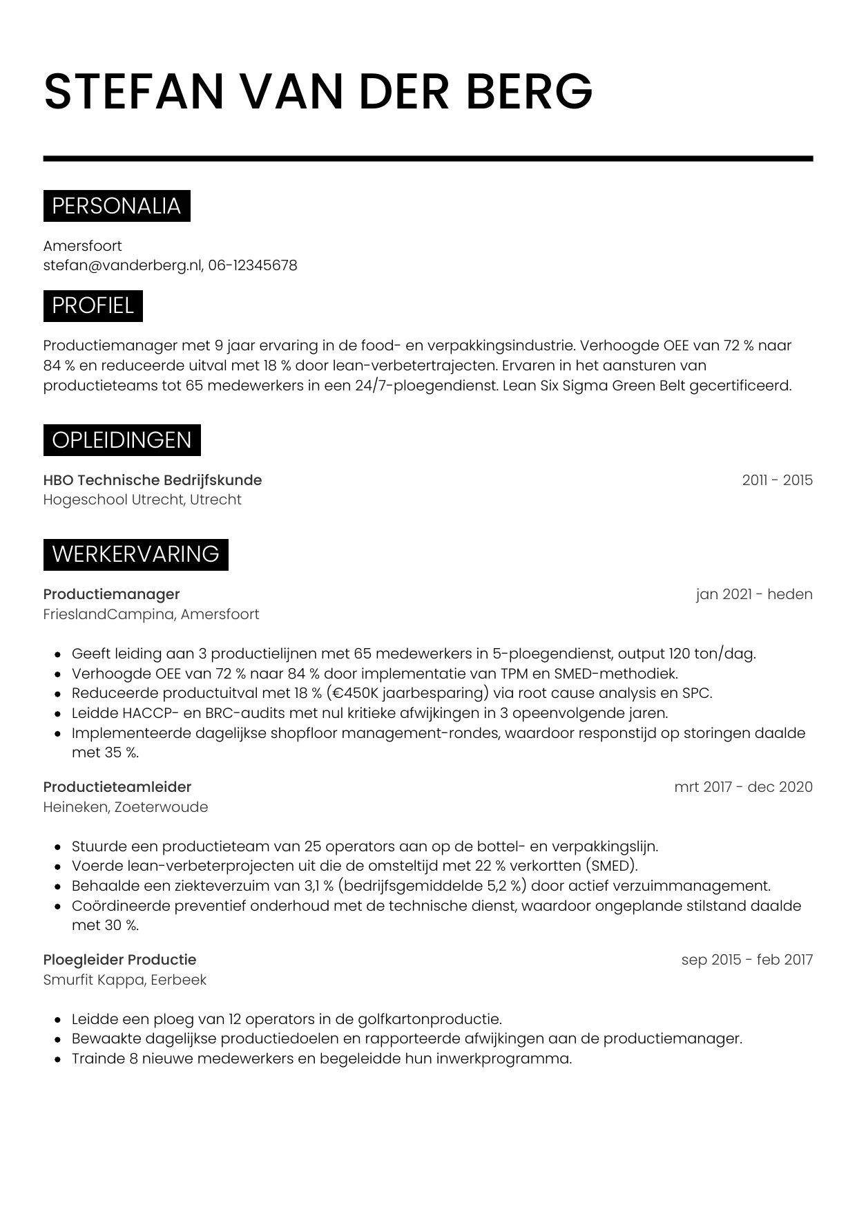 Voorbeeld CV voor productiemanager in template Metro. CV Metro voor productiemanager