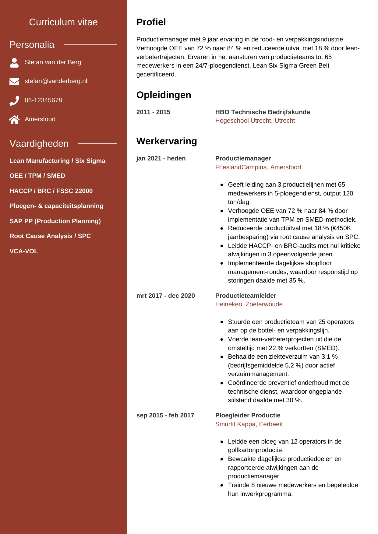 Voorbeeld CV voor productiemanager in template Modern. CV Modern voor productiemanager