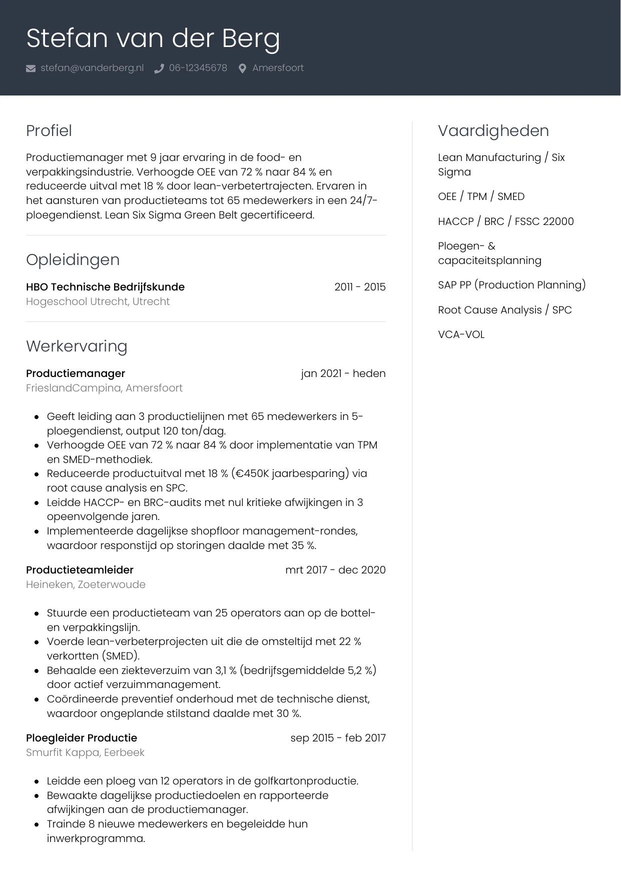 Voorbeeld CV voor productiemanager in template Professioneel. CV Professioneel voor productiemanager