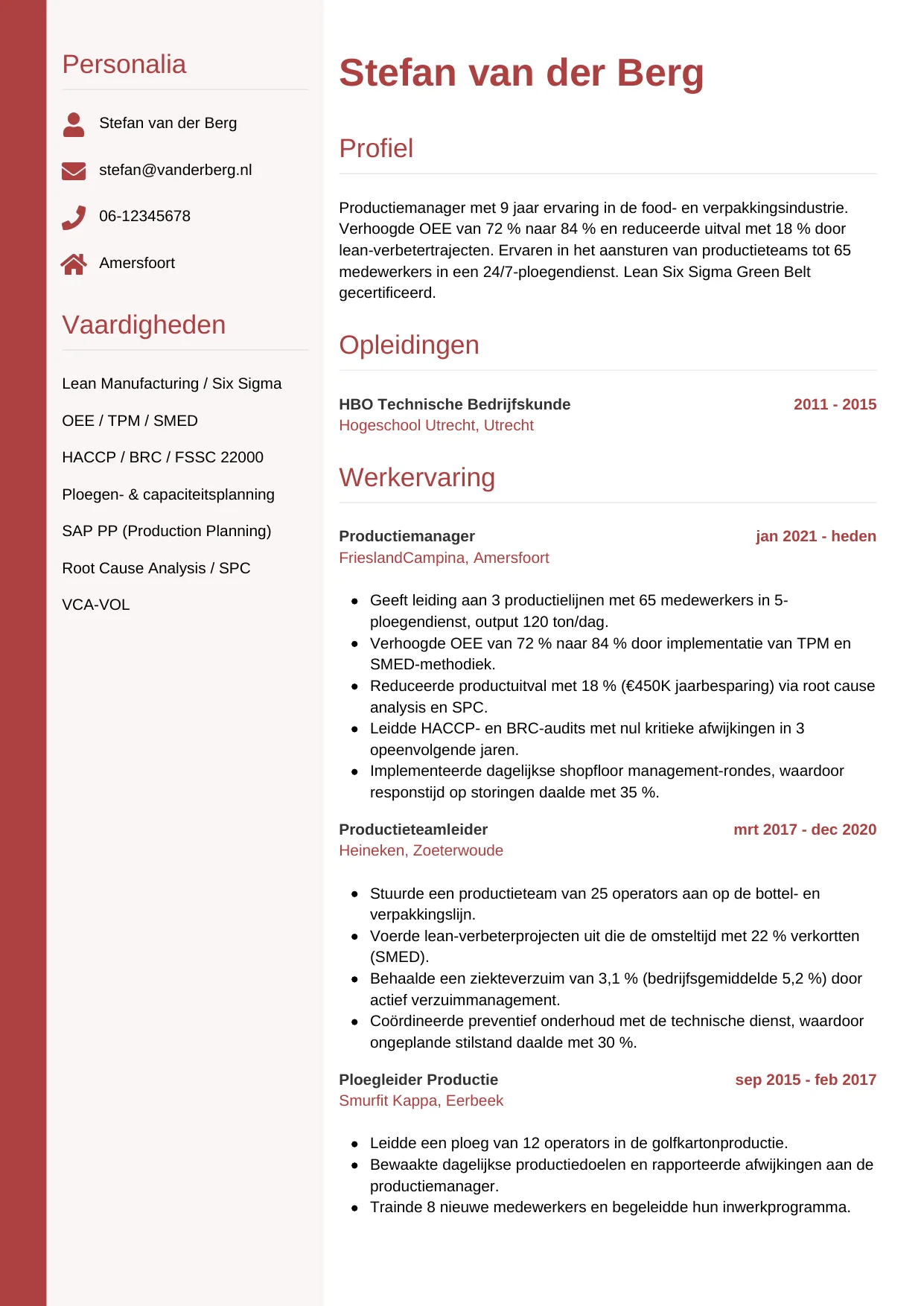 Voorbeeld CV voor productiemanager in template Verticaal. CV Verticaal voor productiemanager