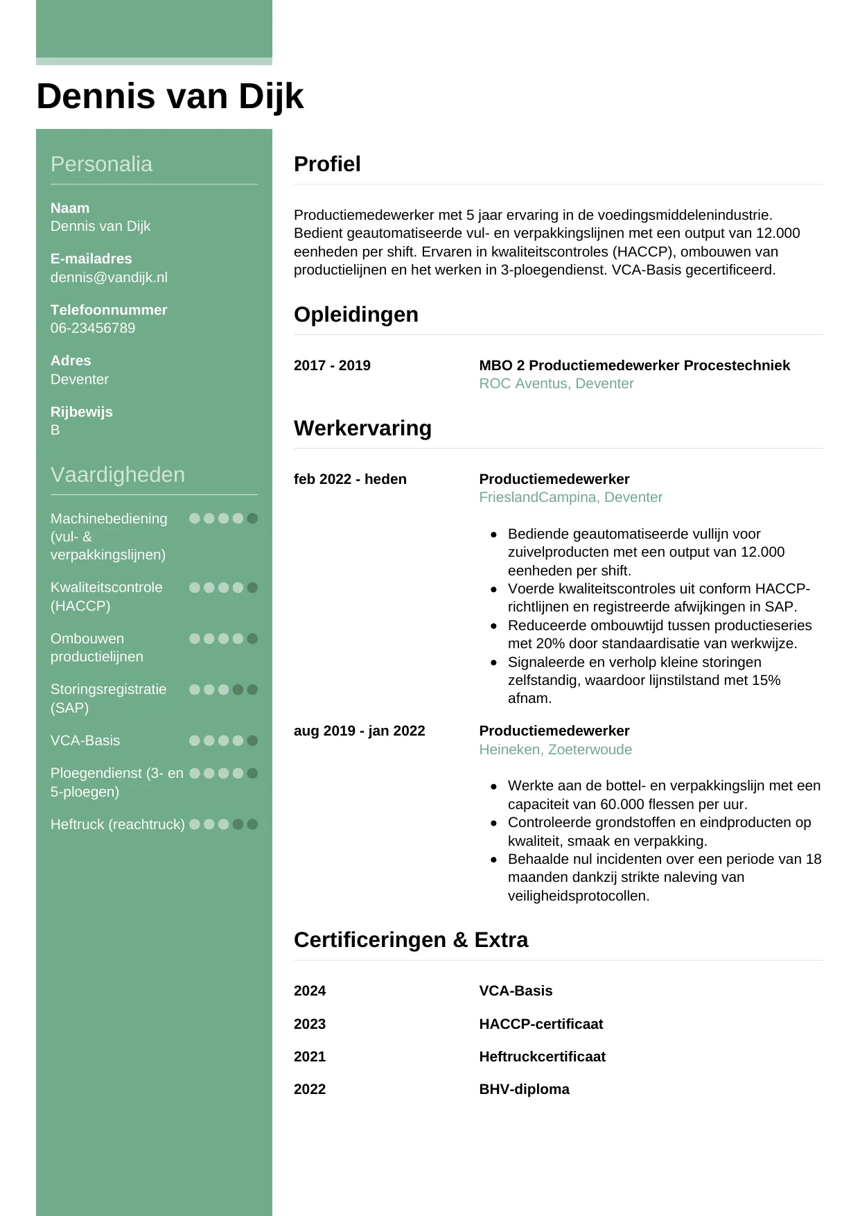CV Casual voor productiemedewerker