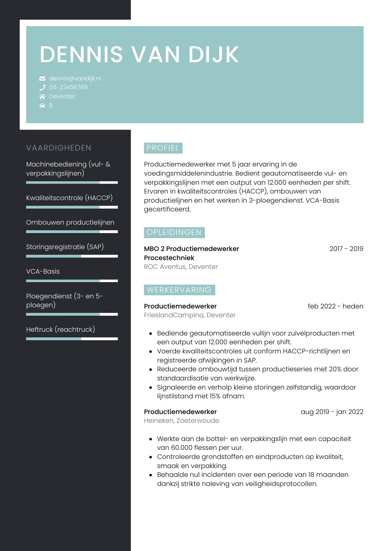 CV Elegant voor productiemedewerker