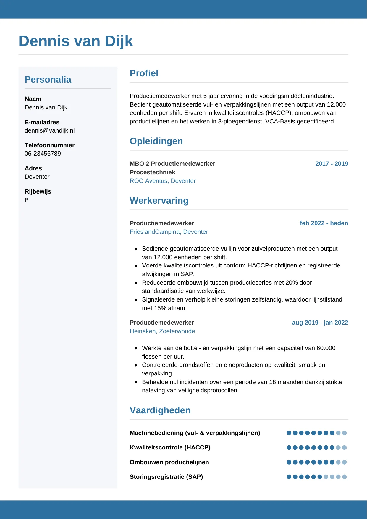CV Horizontaal voor productiemedewerker