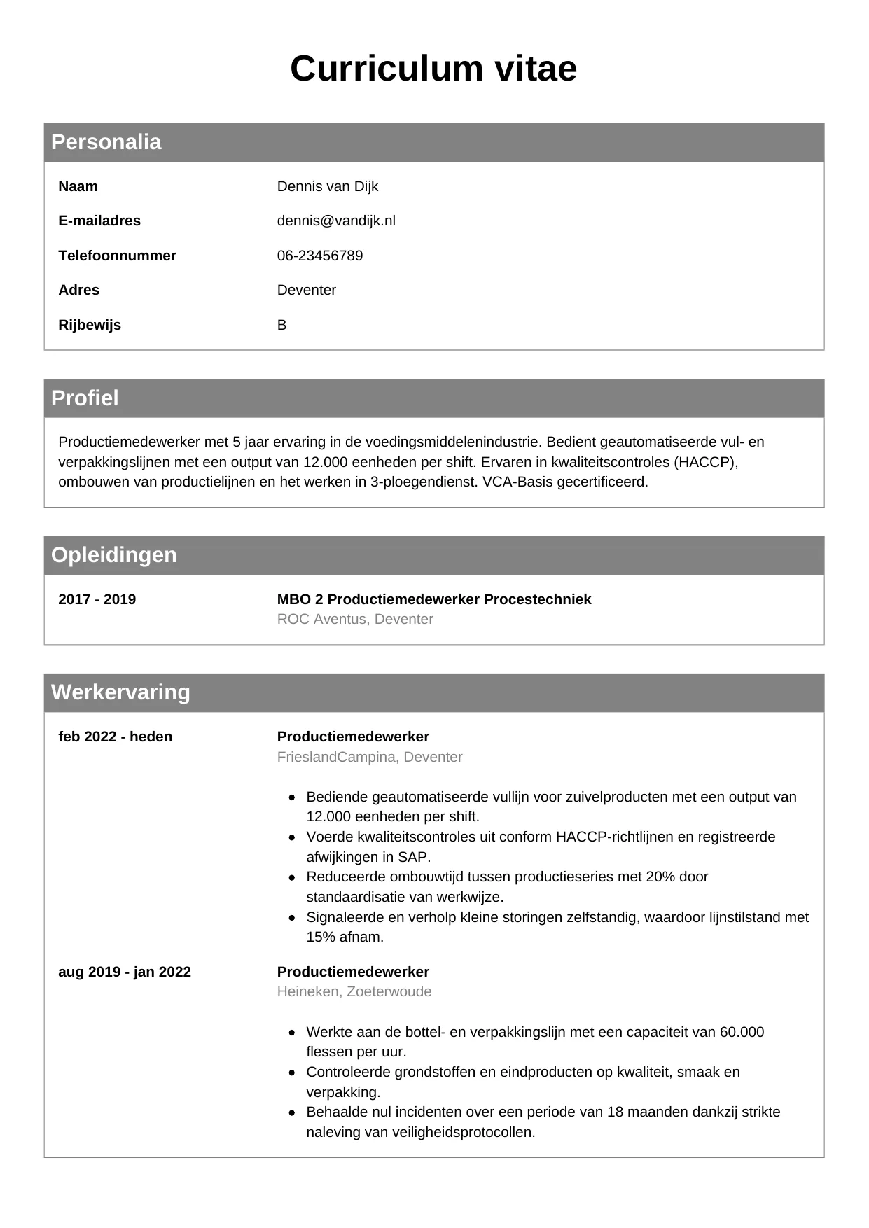 CV Klassiek voor productiemedewerker
