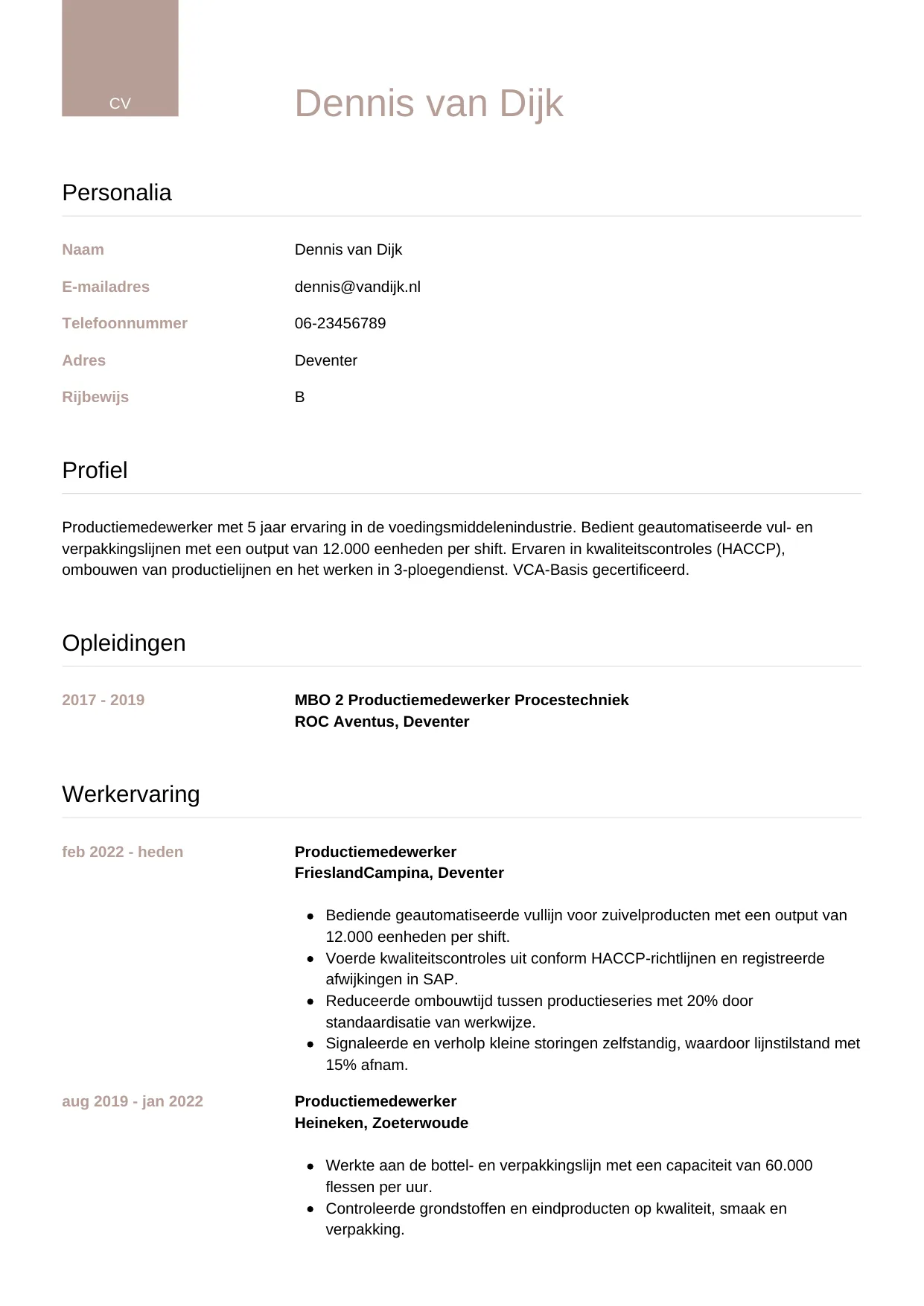 CV Luxe voor productiemedewerker