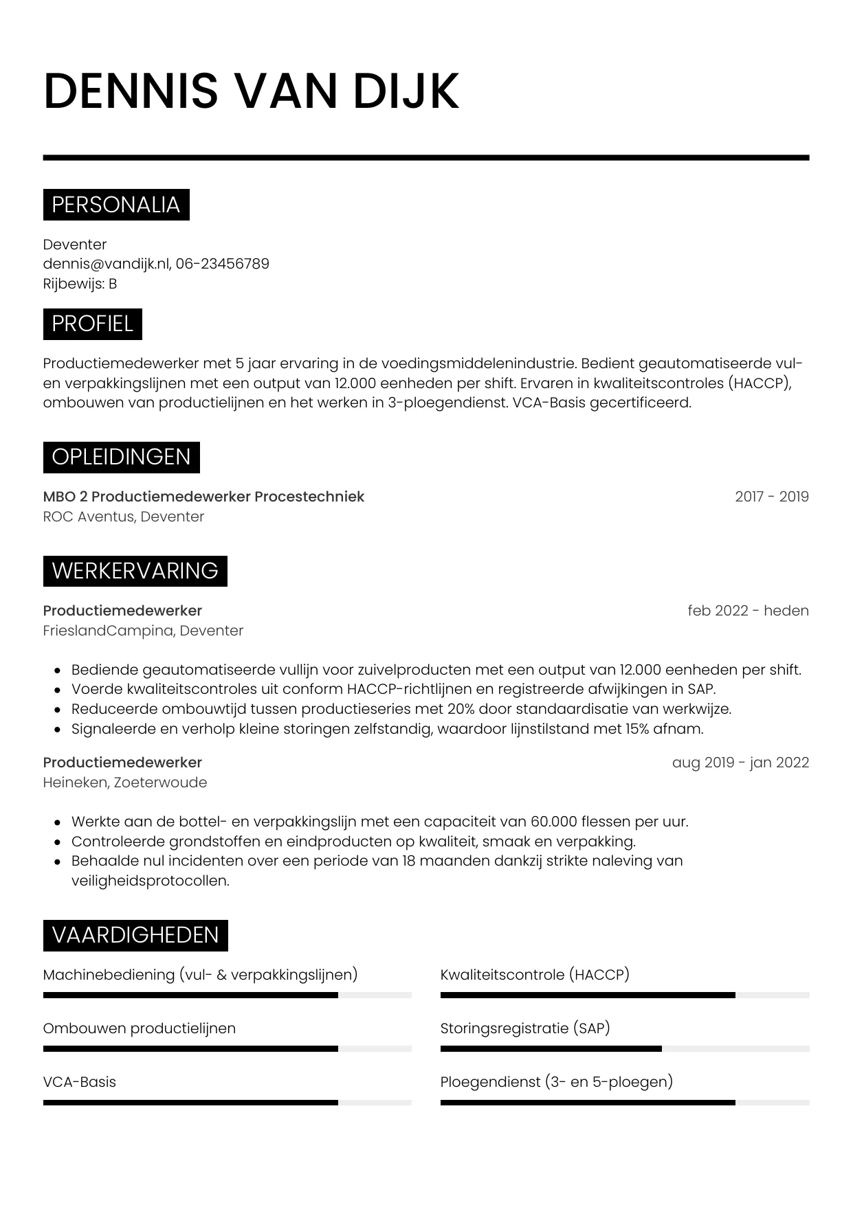 CV Metro voor productiemedewerker