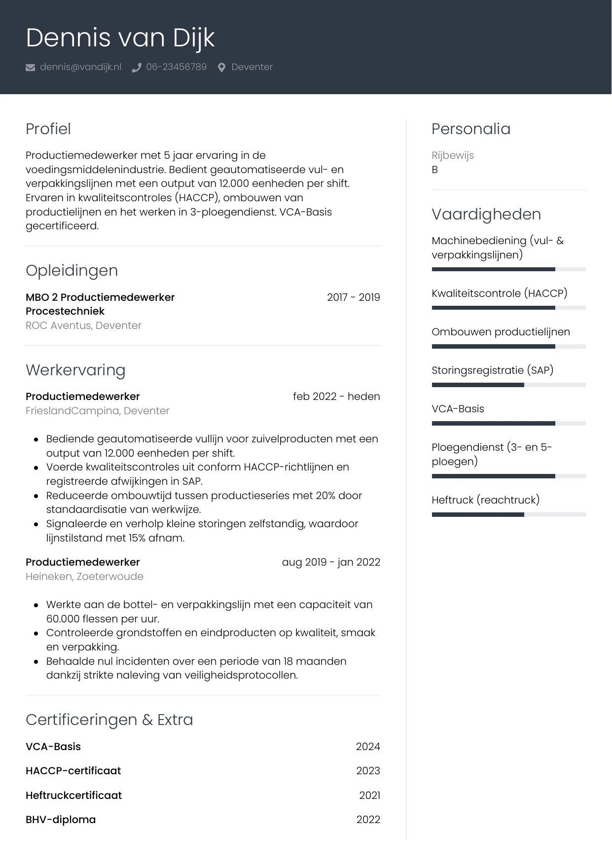 CV Professioneel voor productiemedewerker