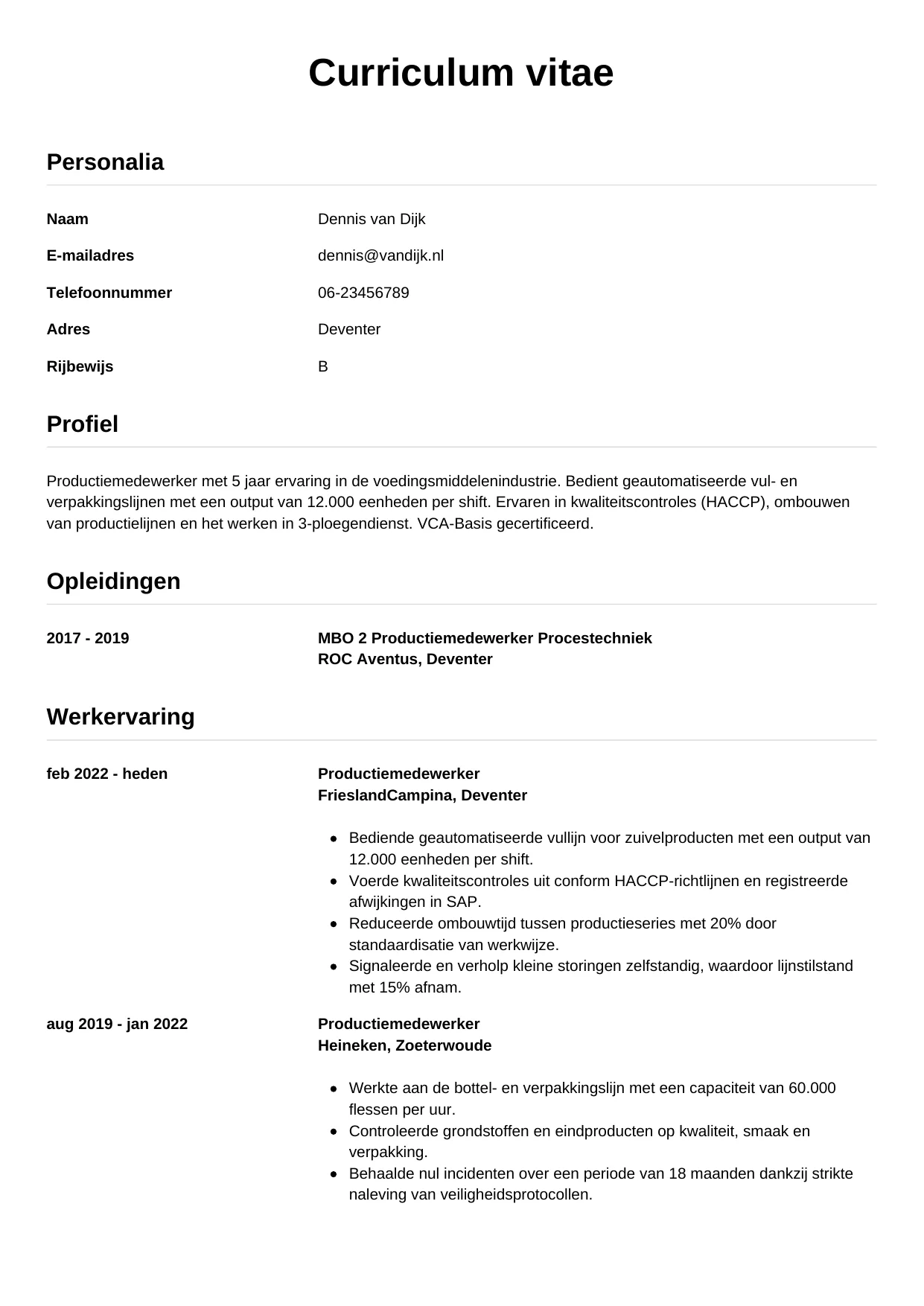 CV Simpel voor productiemedewerker